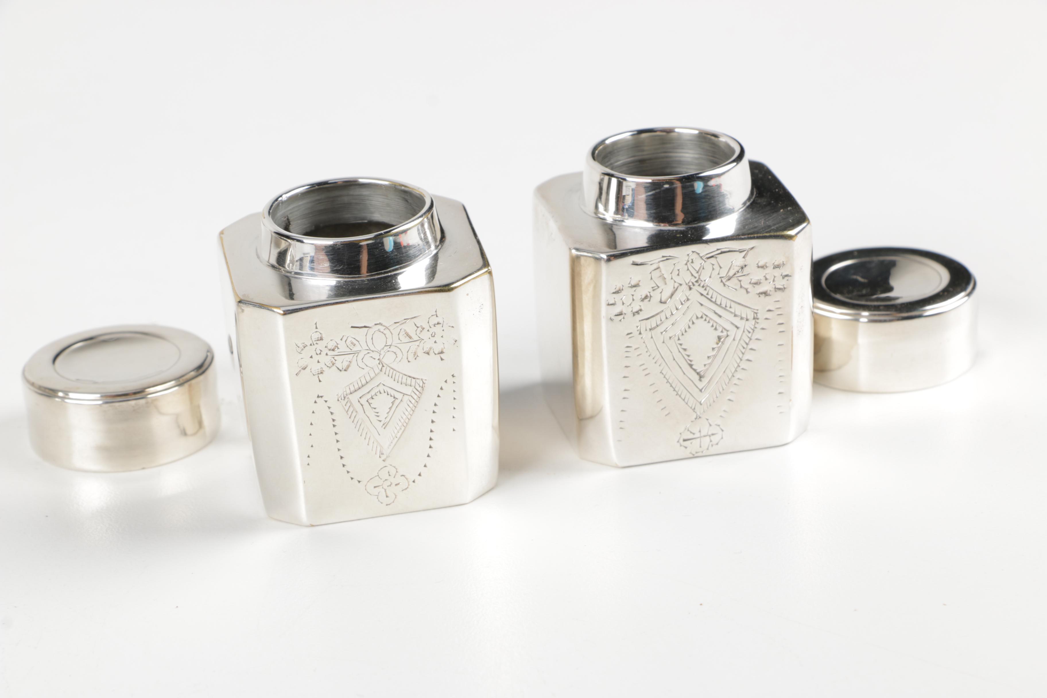 Footed Silver Plate Inkwell Desk Sets