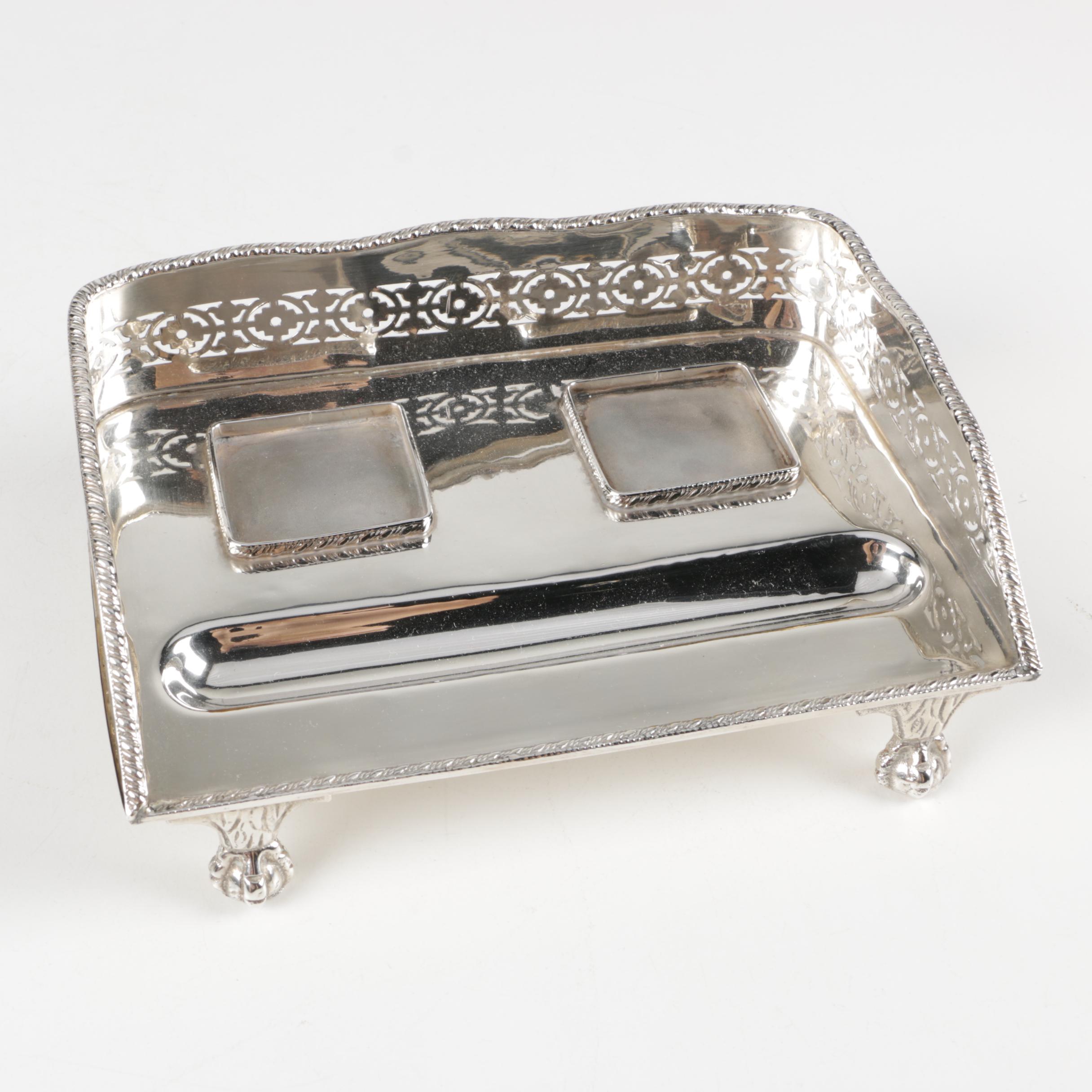 Footed Silver Plate Inkwell Desk Sets