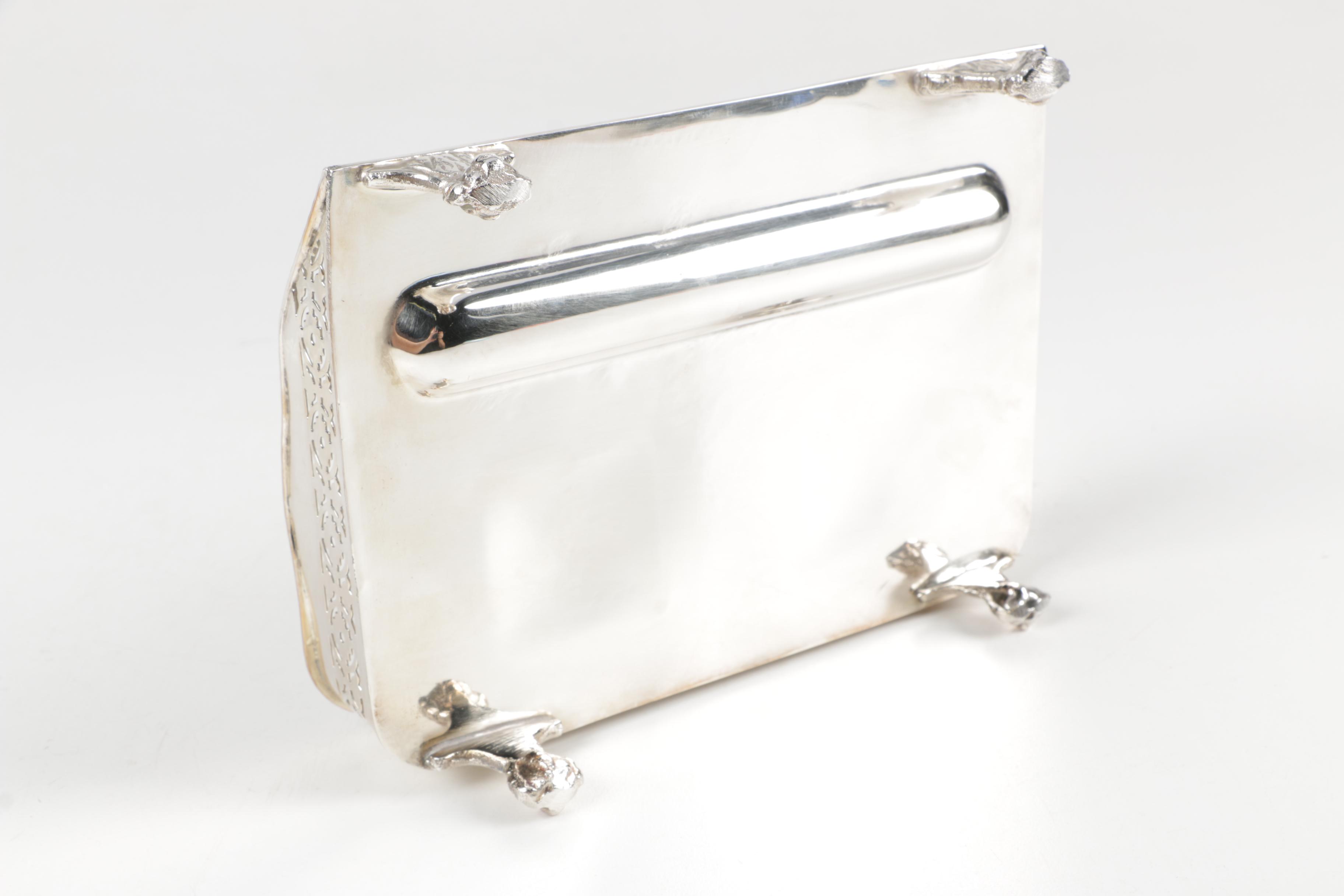 Footed Silver Plate Inkwell Desk Sets