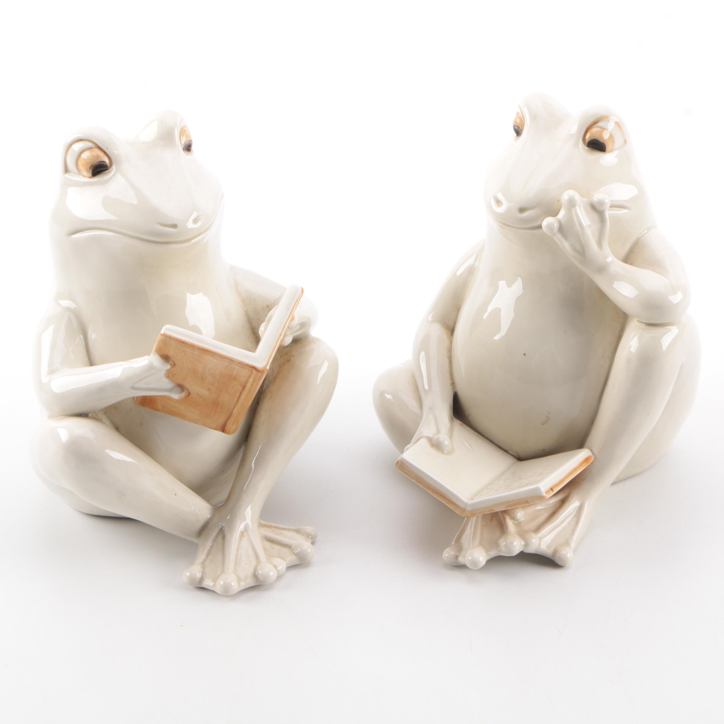 Pair of Ceramic Frog Figurines Reading Books