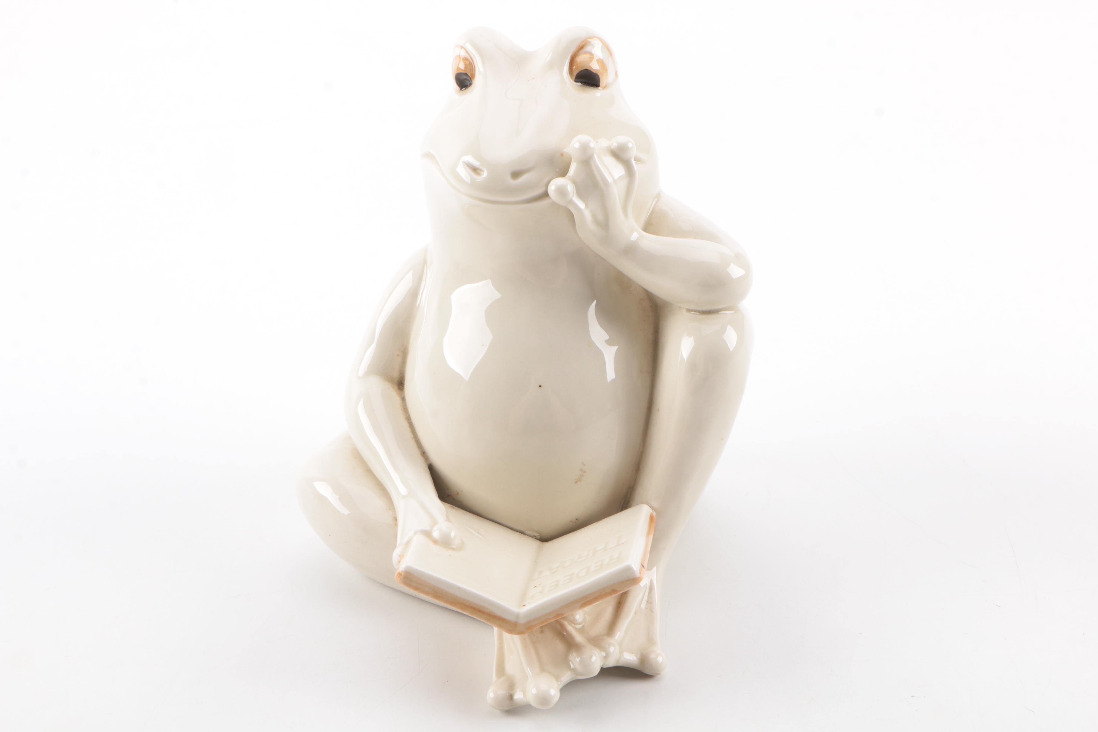 Pair of Ceramic Frog Figurines Reading Books