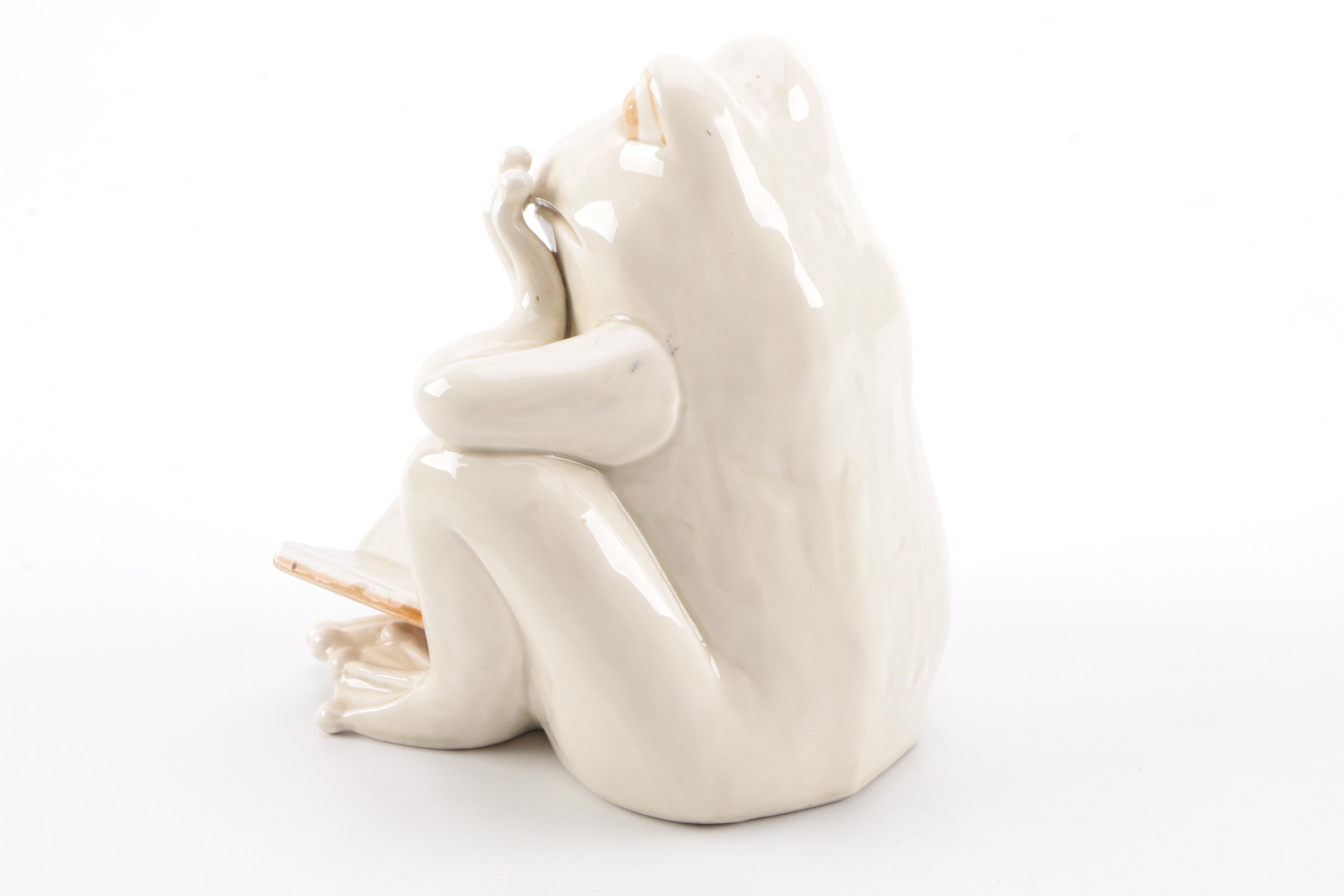 Pair of Ceramic Frog Figurines Reading Books