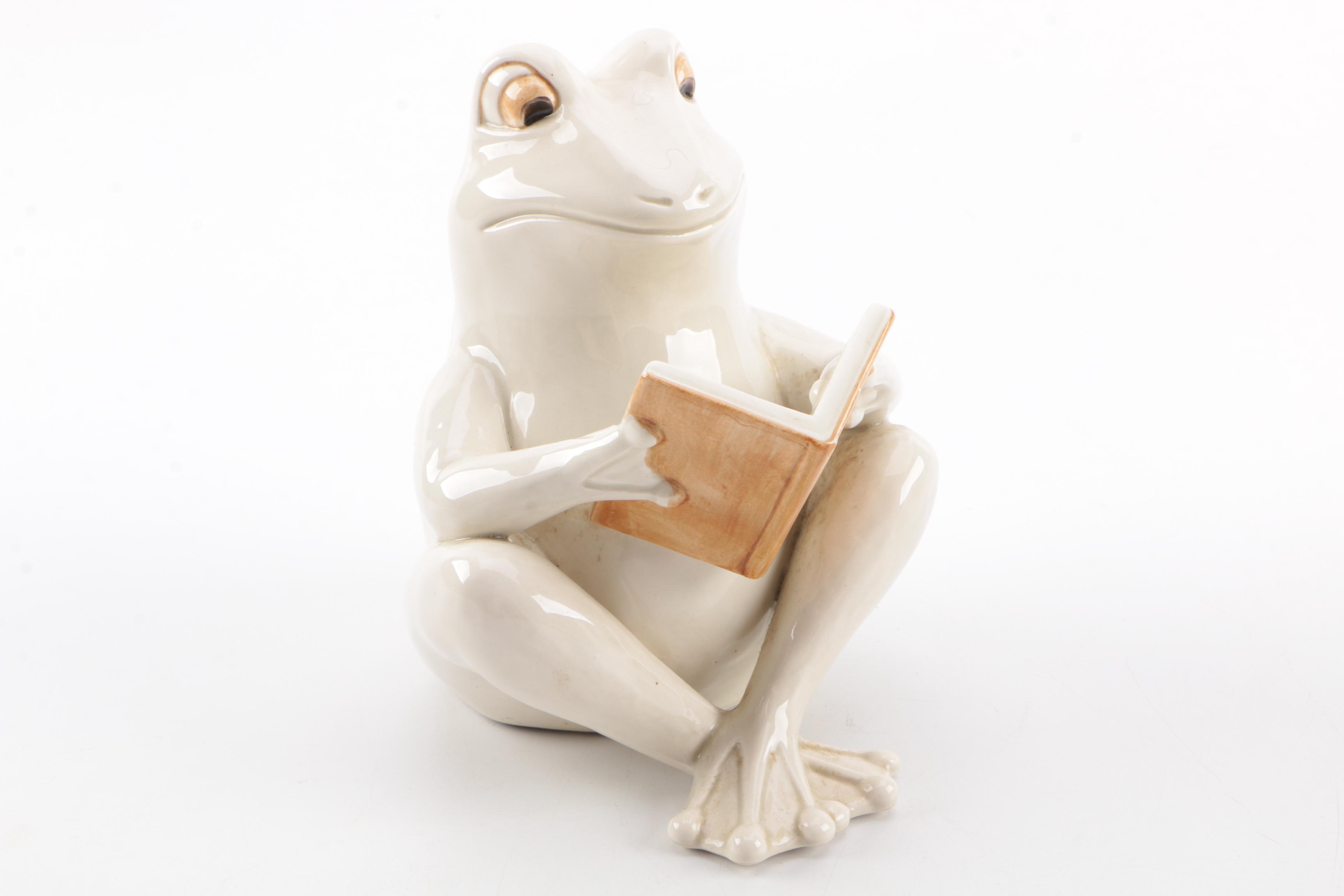 Pair of Ceramic Frog Figurines Reading Books