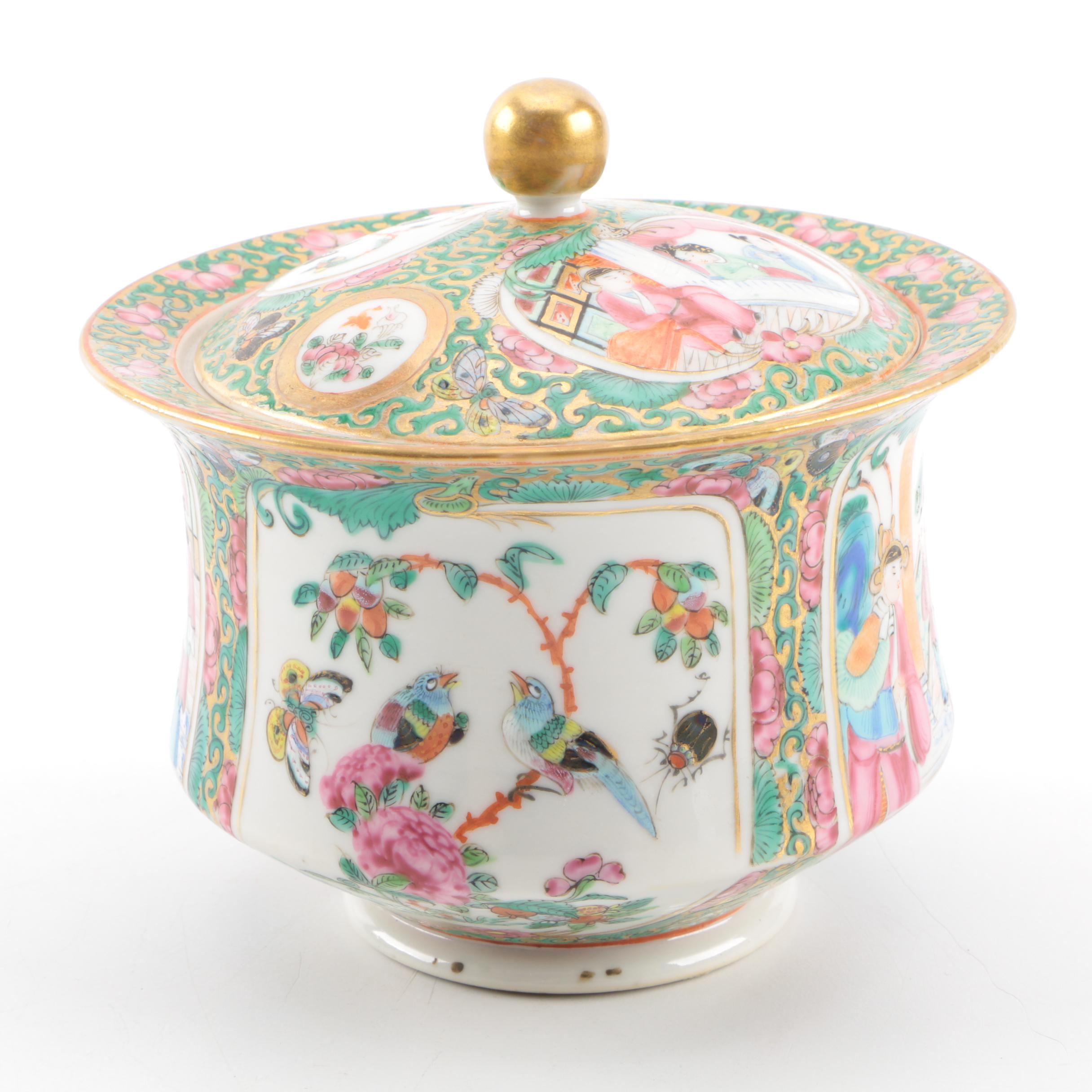 Chinese Rose Medallion Porcelain Container With Lid