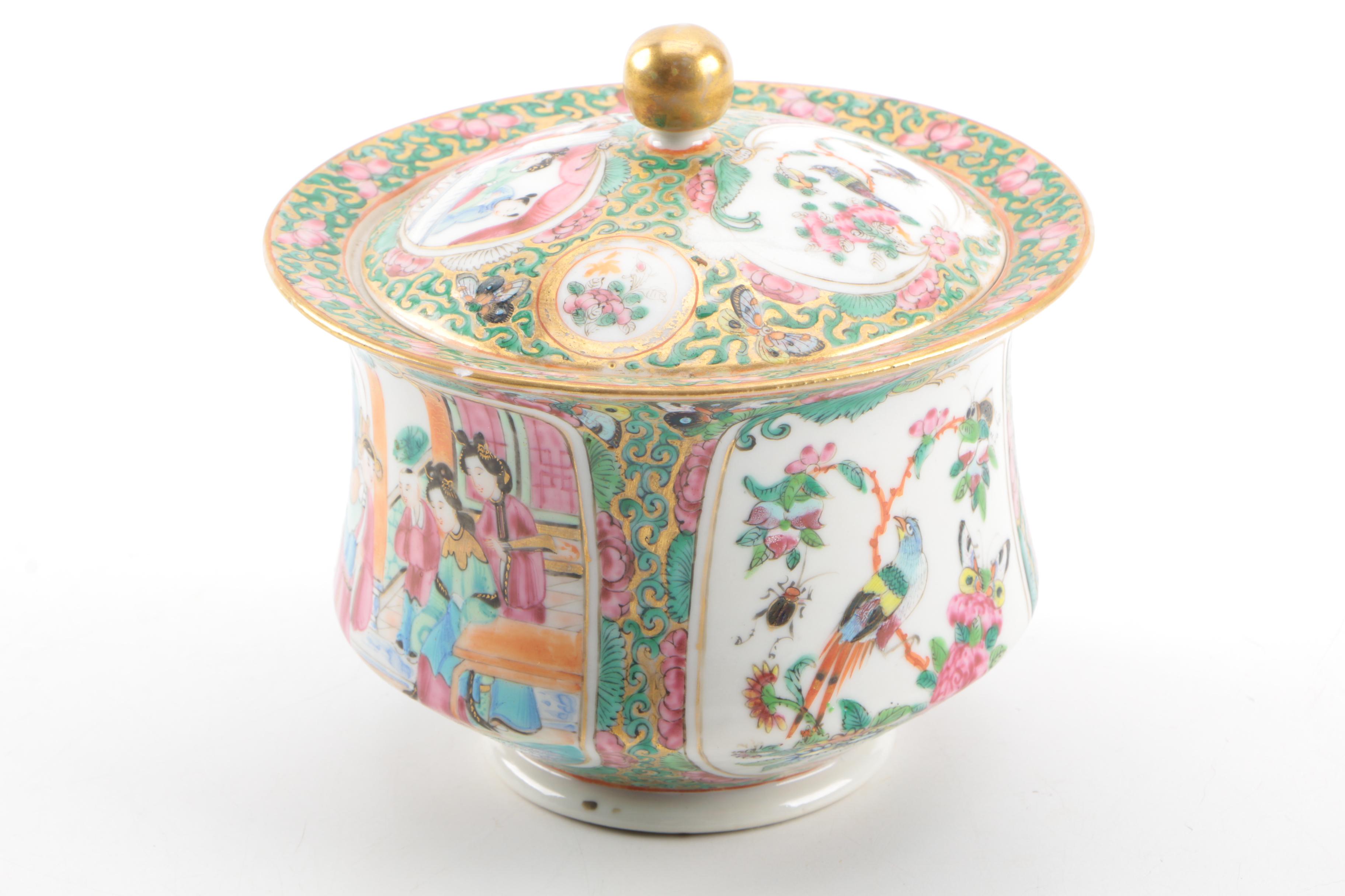 Chinese Rose Medallion Porcelain Container With Lid