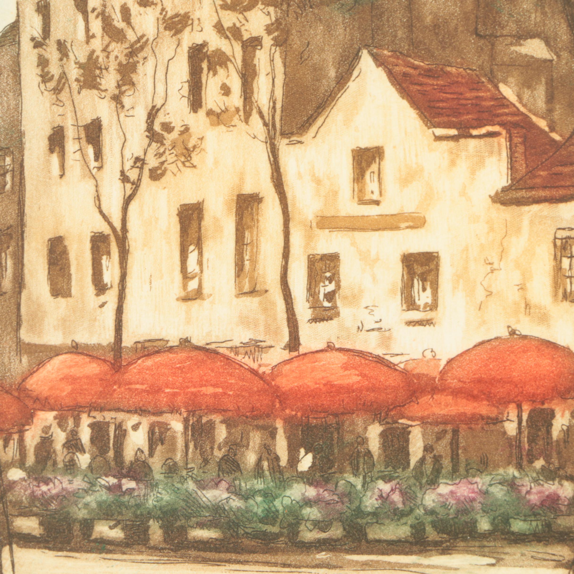 Etching on Paper of a City Square