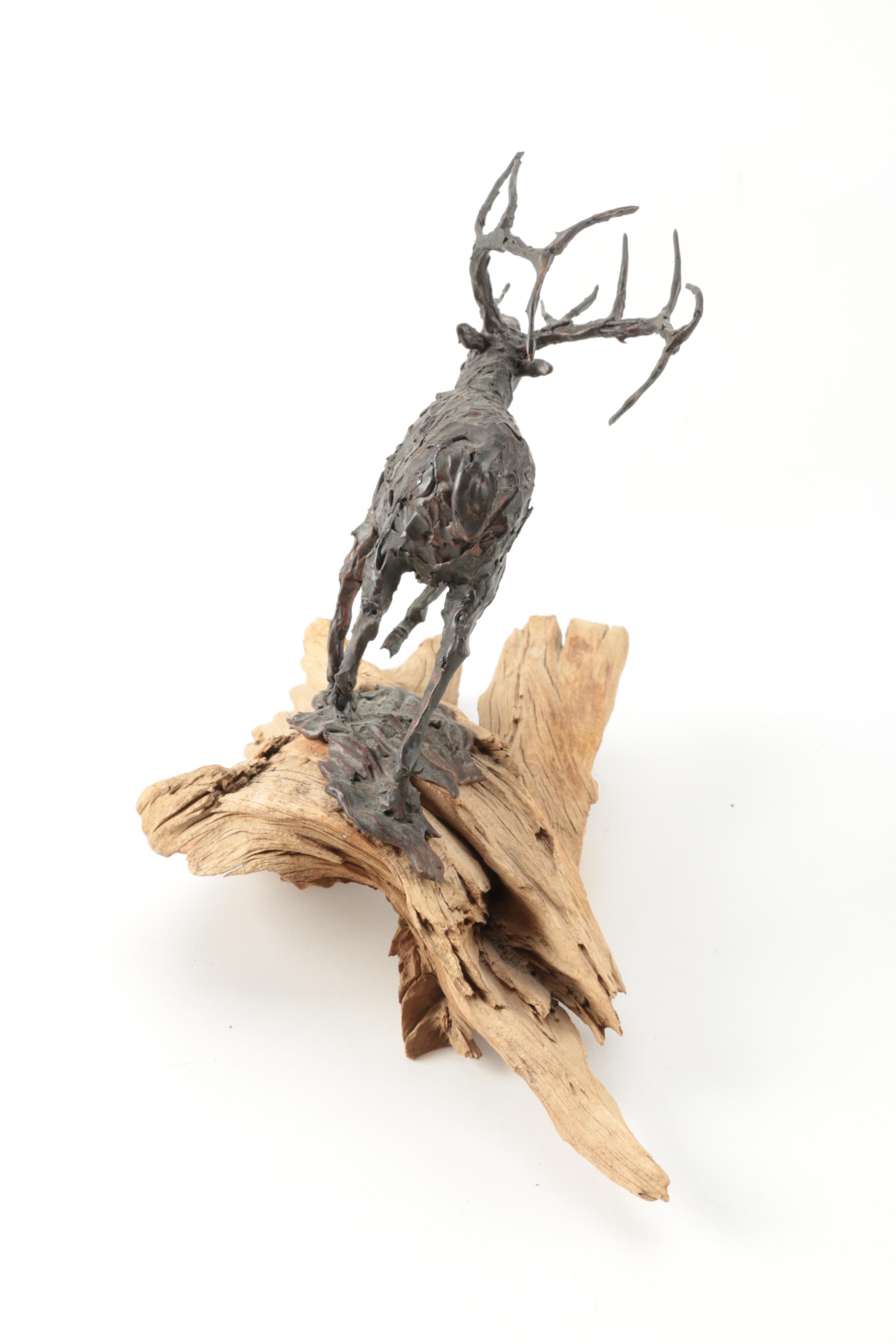 Metal Elk Figurine Mounted on Wooden Base