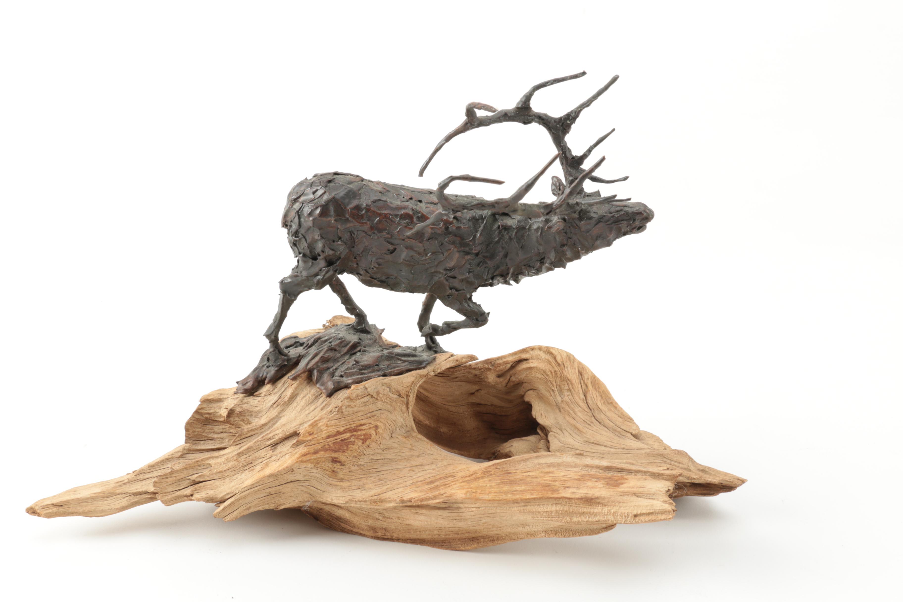 Metal Elk Figurine Mounted on Wooden Base