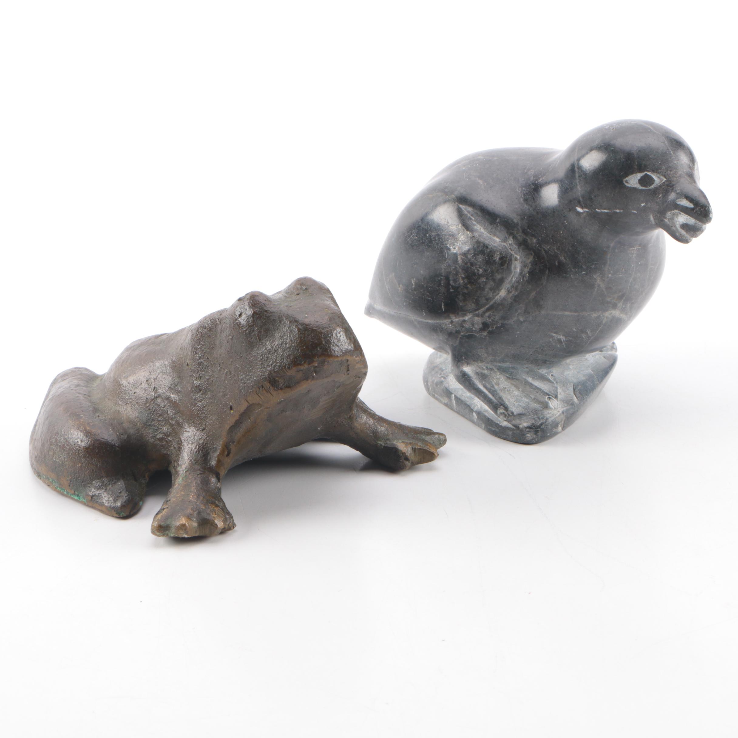 Carved Stone Frog and Duck Figurines