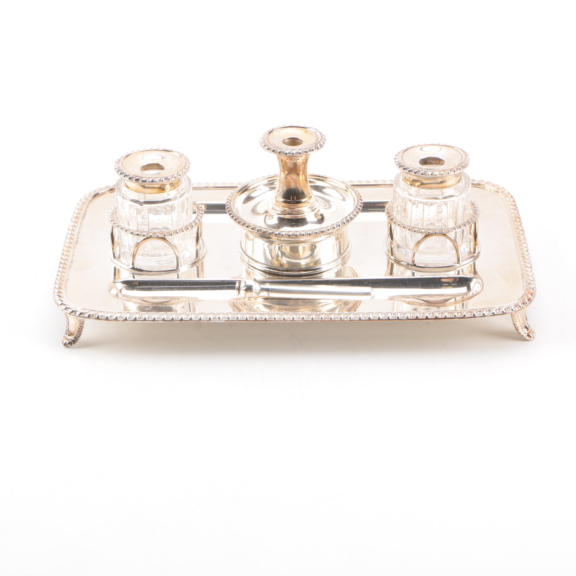 English Pewter Inkwell Desk Set With Weighted Sterling Telephone Dialer