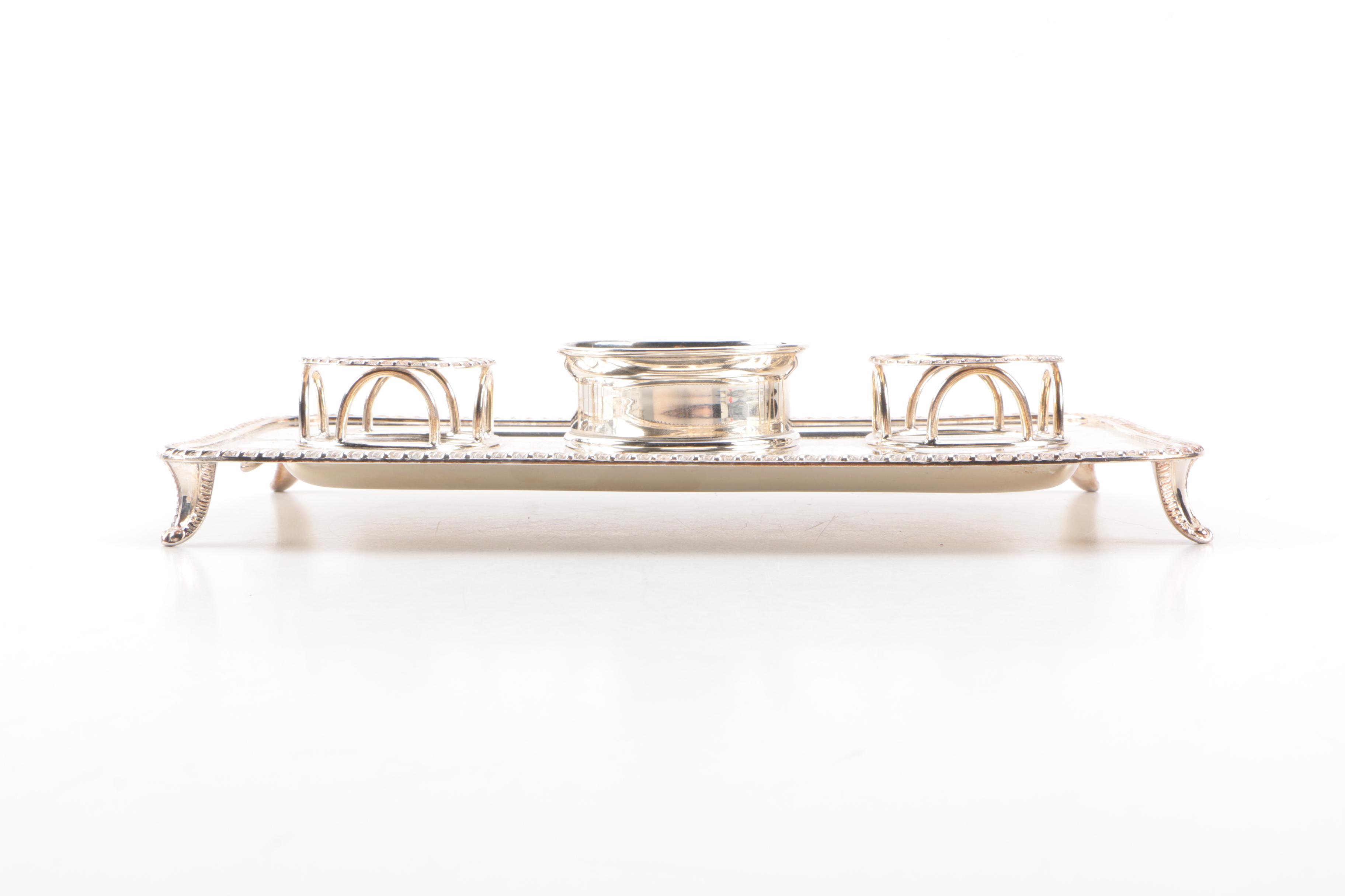 English Pewter Inkwell Desk Set With Weighted Sterling Telephone Dialer