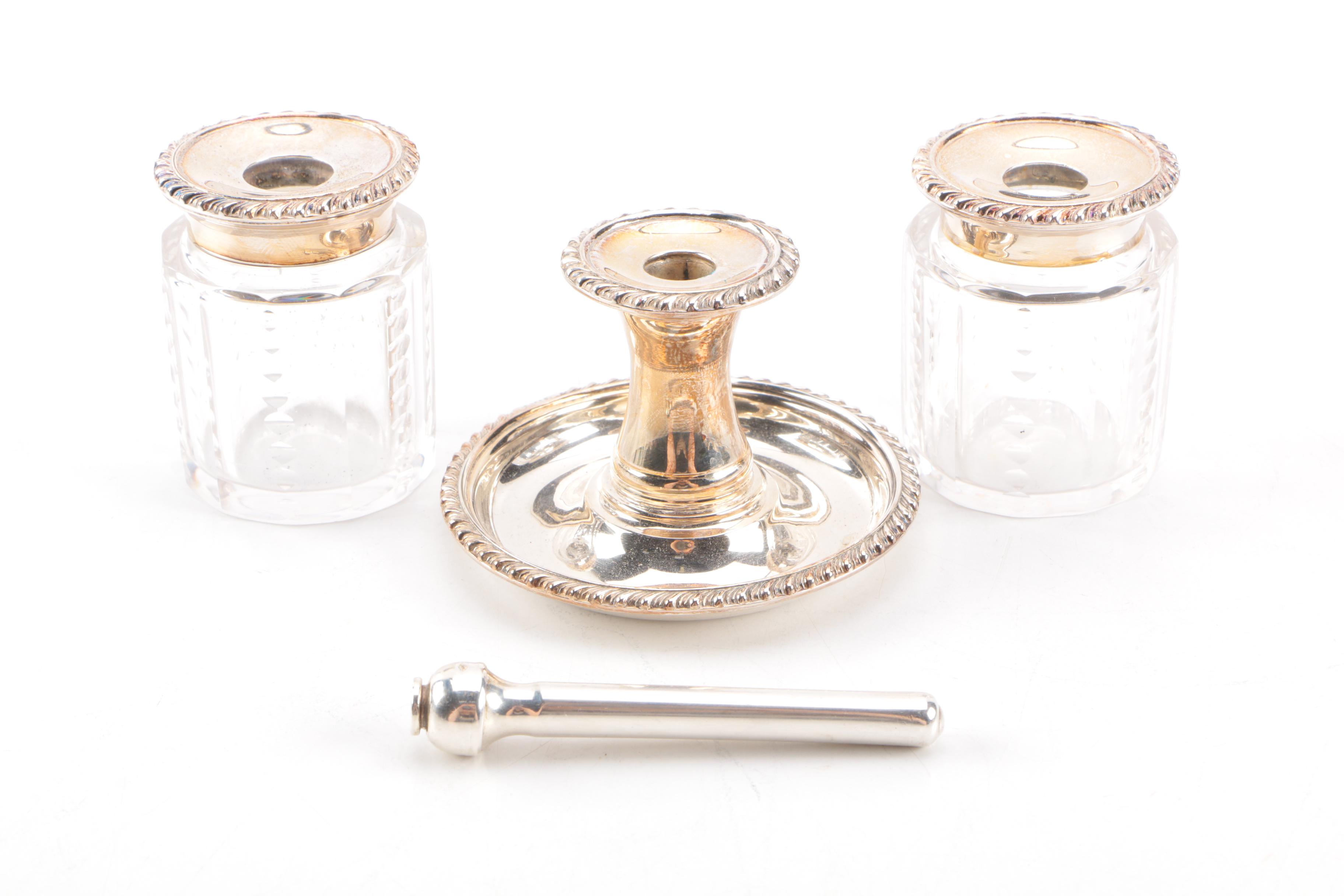 English Pewter Inkwell Desk Set With Weighted Sterling Telephone Dialer