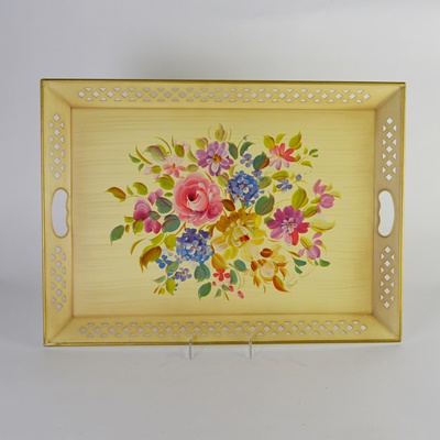 Nashco Products Signed Floral Hand Painted Tole Metal Tray