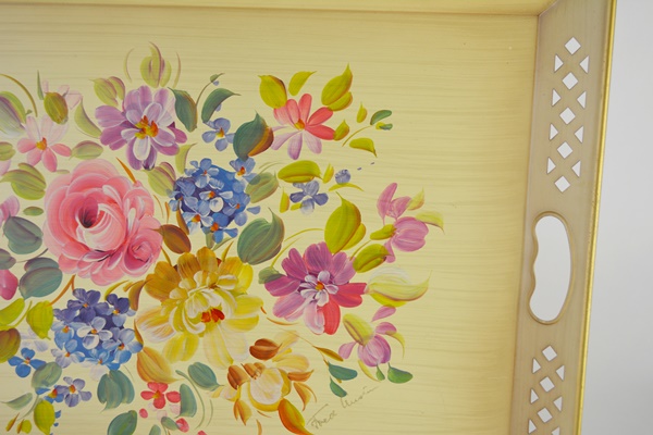 Nashco Products Signed Floral Hand Painted Tole Metal Tray