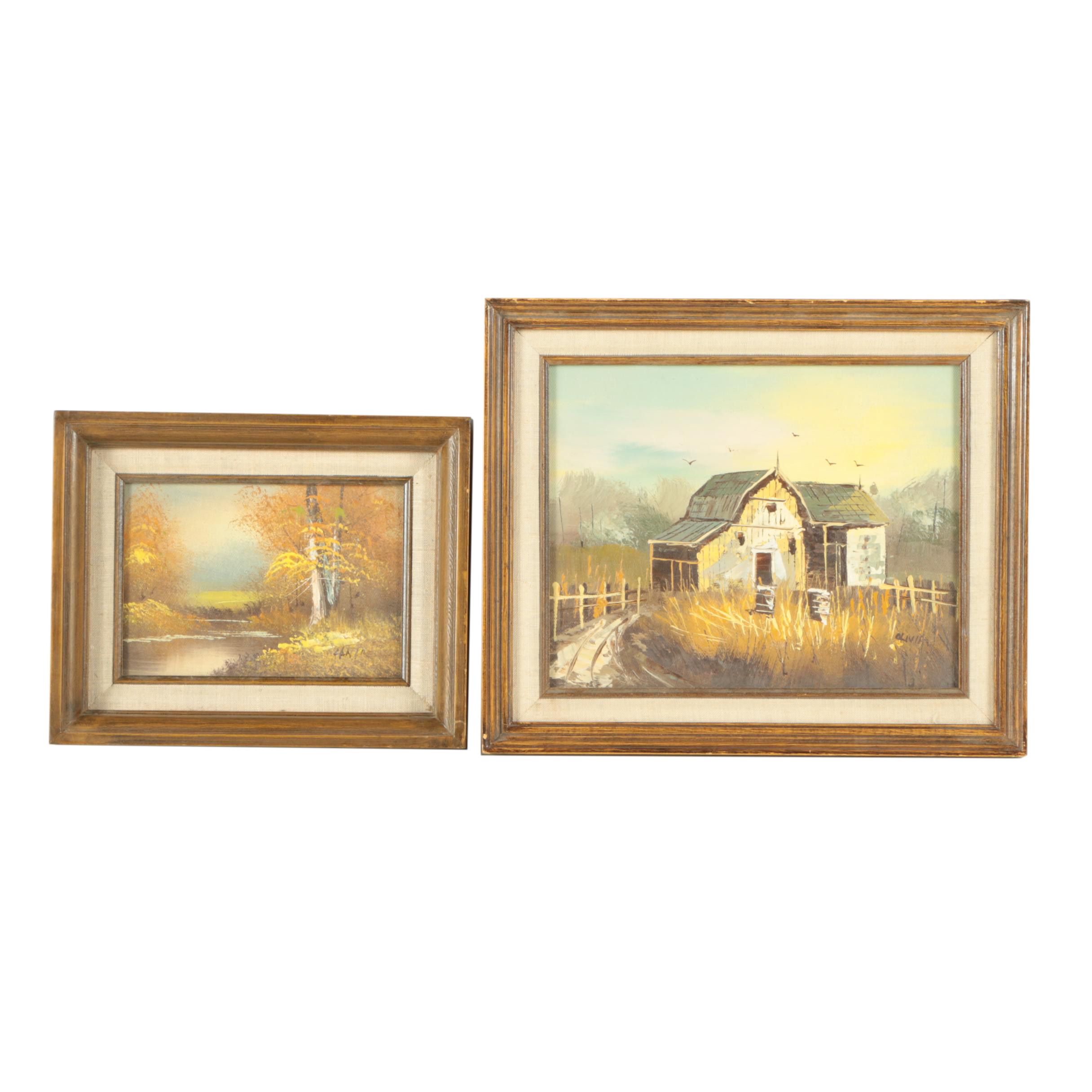 Oil Paintings of a Barn and a Stream