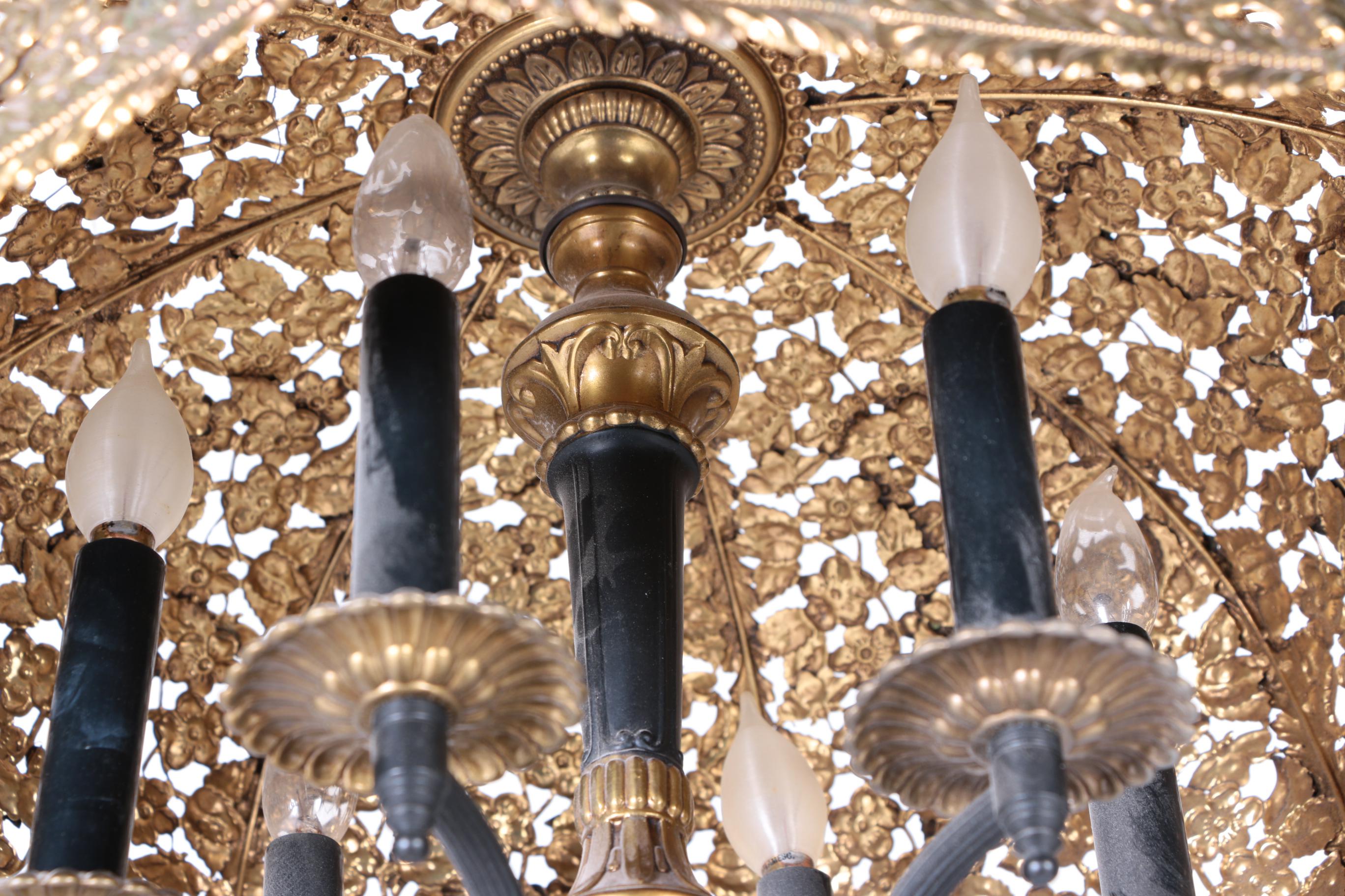 Cast Brass Six Light Hanging Fixture With Pierced Floral Shade