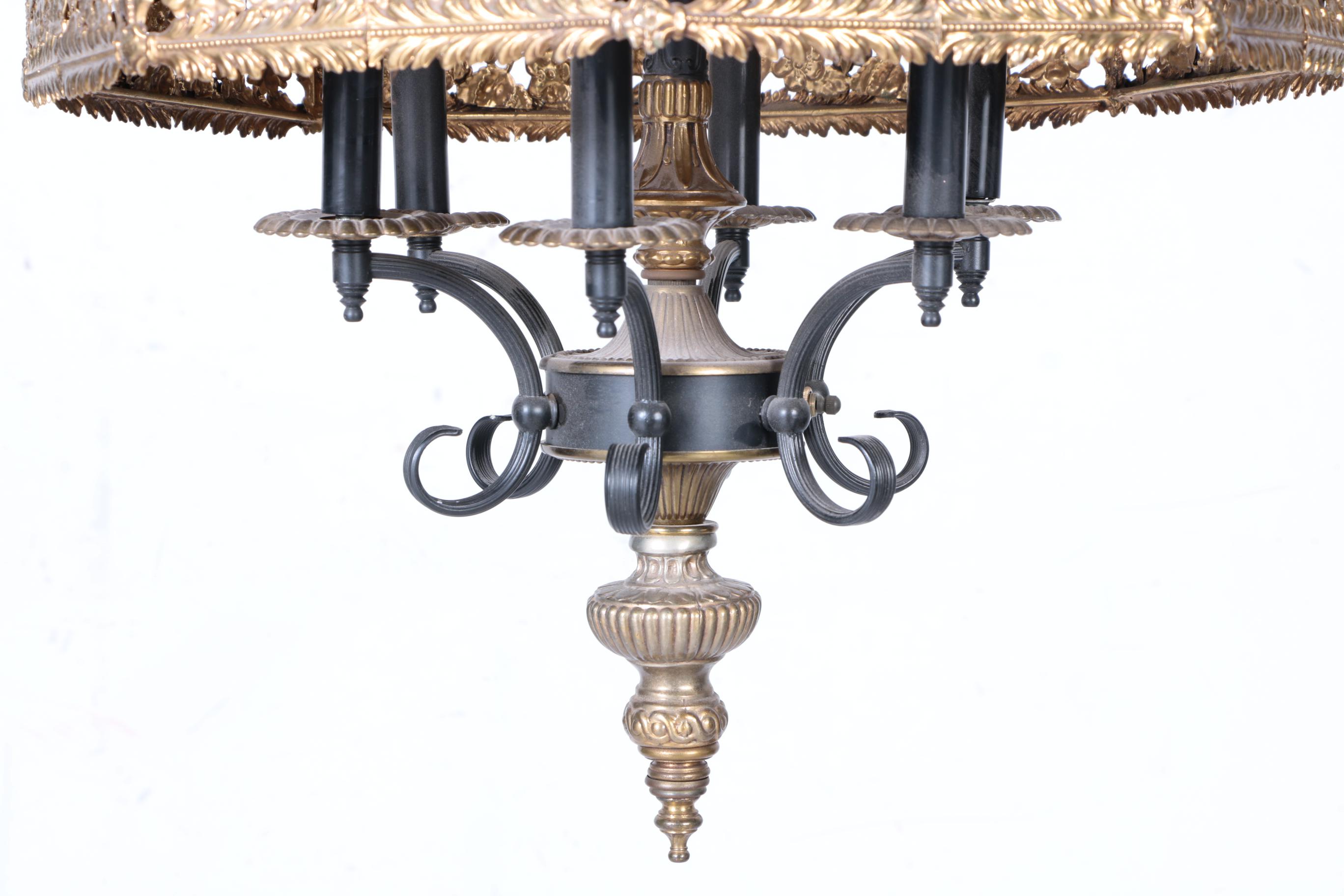 Cast Brass Six Light Hanging Fixture With Pierced Floral Shade