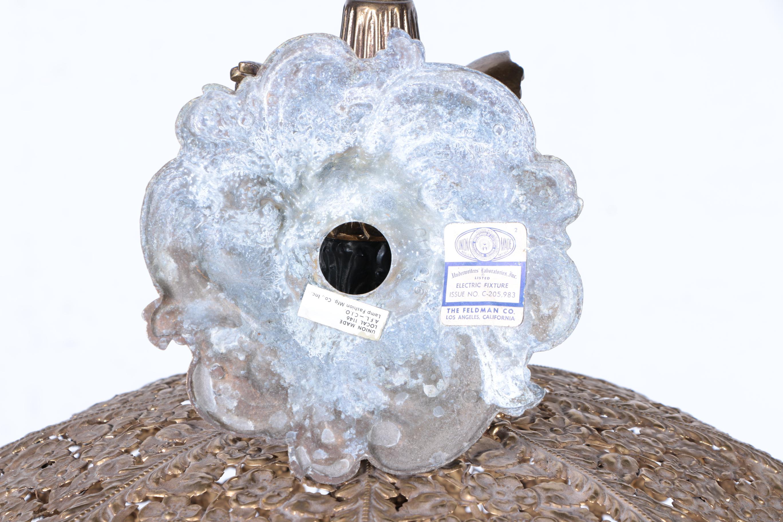 Cast Brass Six Light Hanging Fixture With Pierced Floral Shade