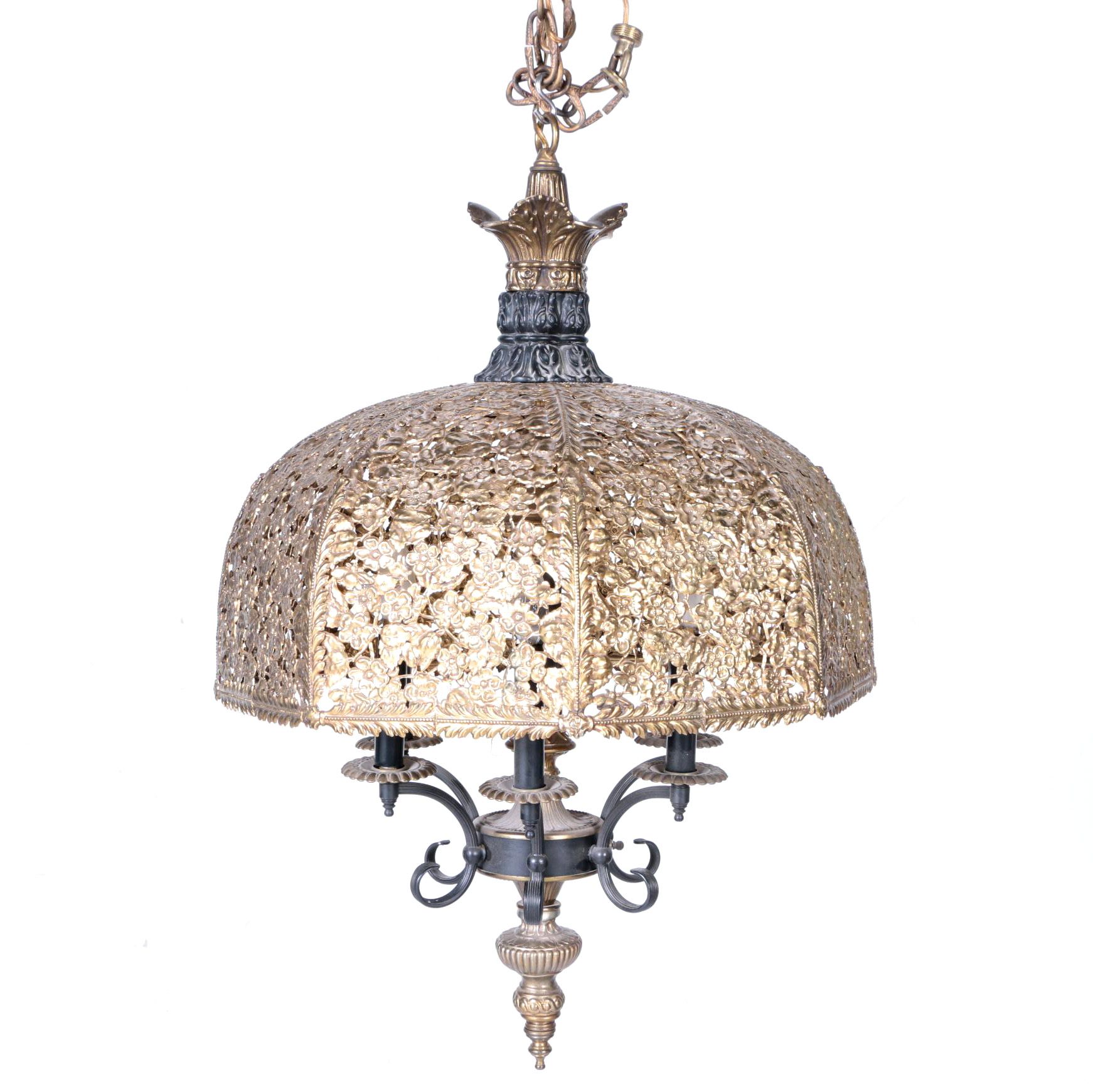 Cast Brass Six Light Hanging Fixture With Pierced Floral Shade