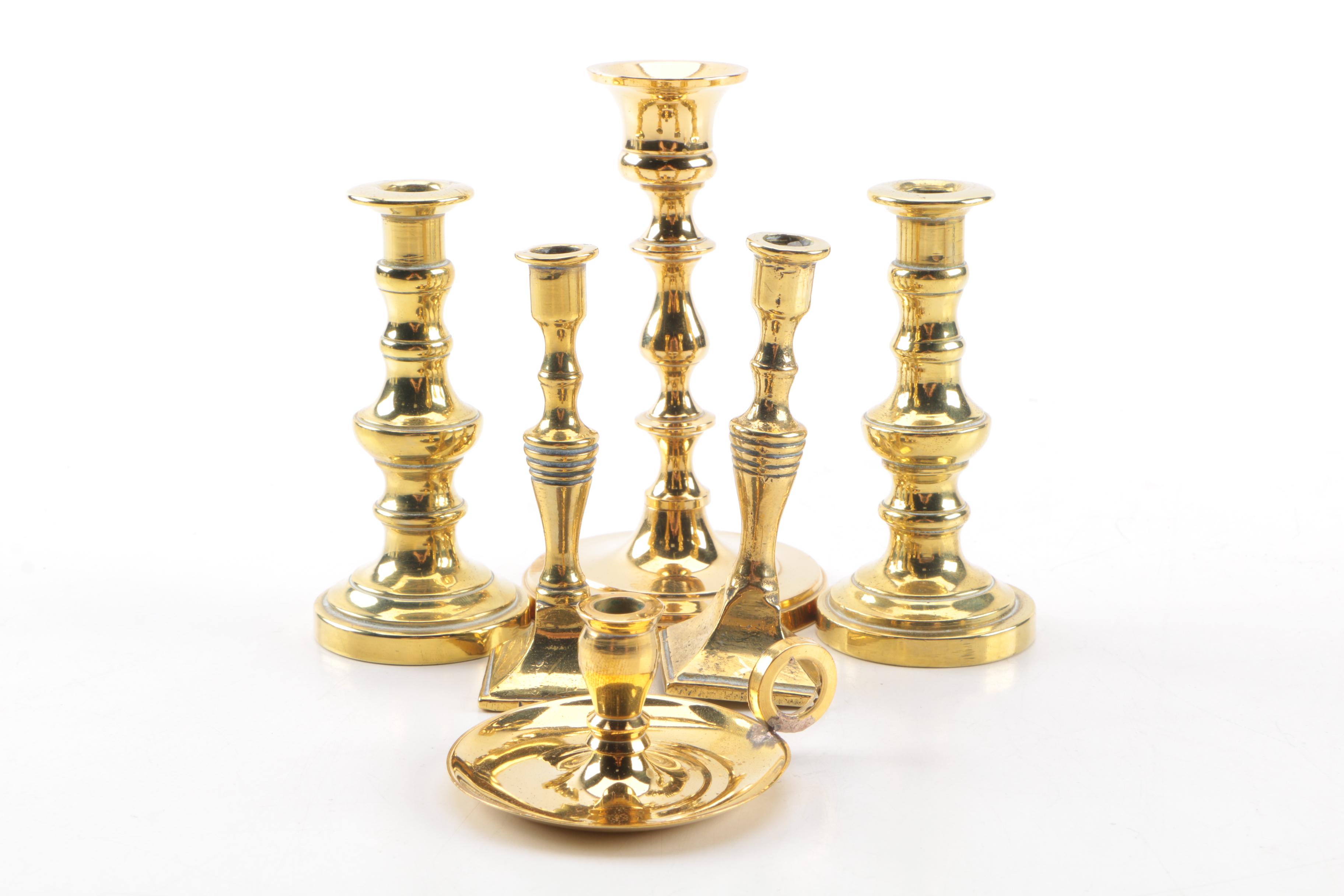 An Assortment of Brass Decorative items including Candlesticks