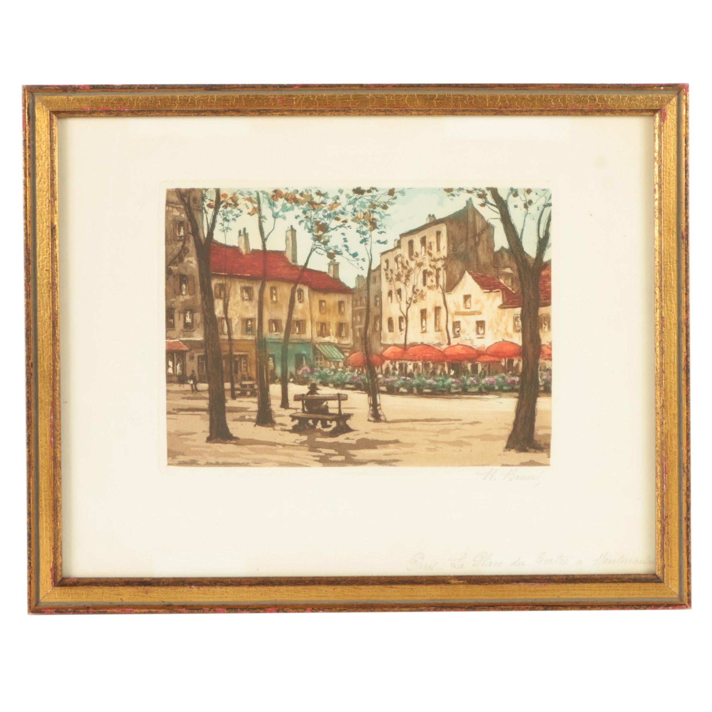 Etching on Paper of a City Square
