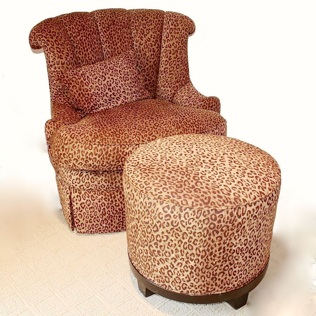 Hickory White Leopard Print Swivel Chair + Ottoman