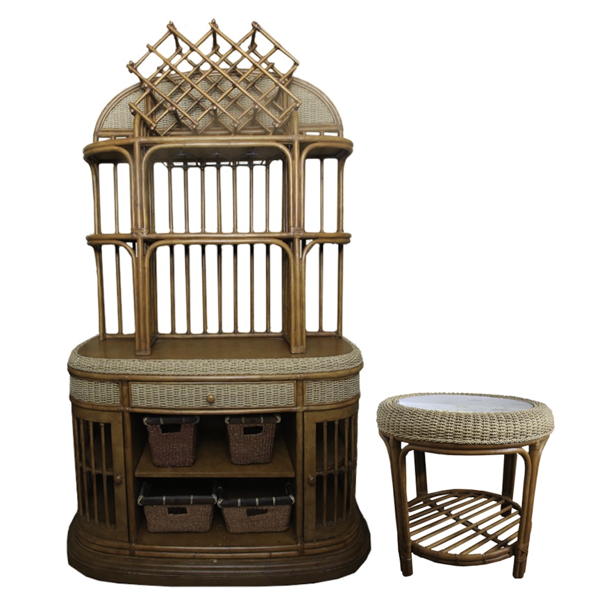 Wicker Cabinet with Side Table and Storage Baskets