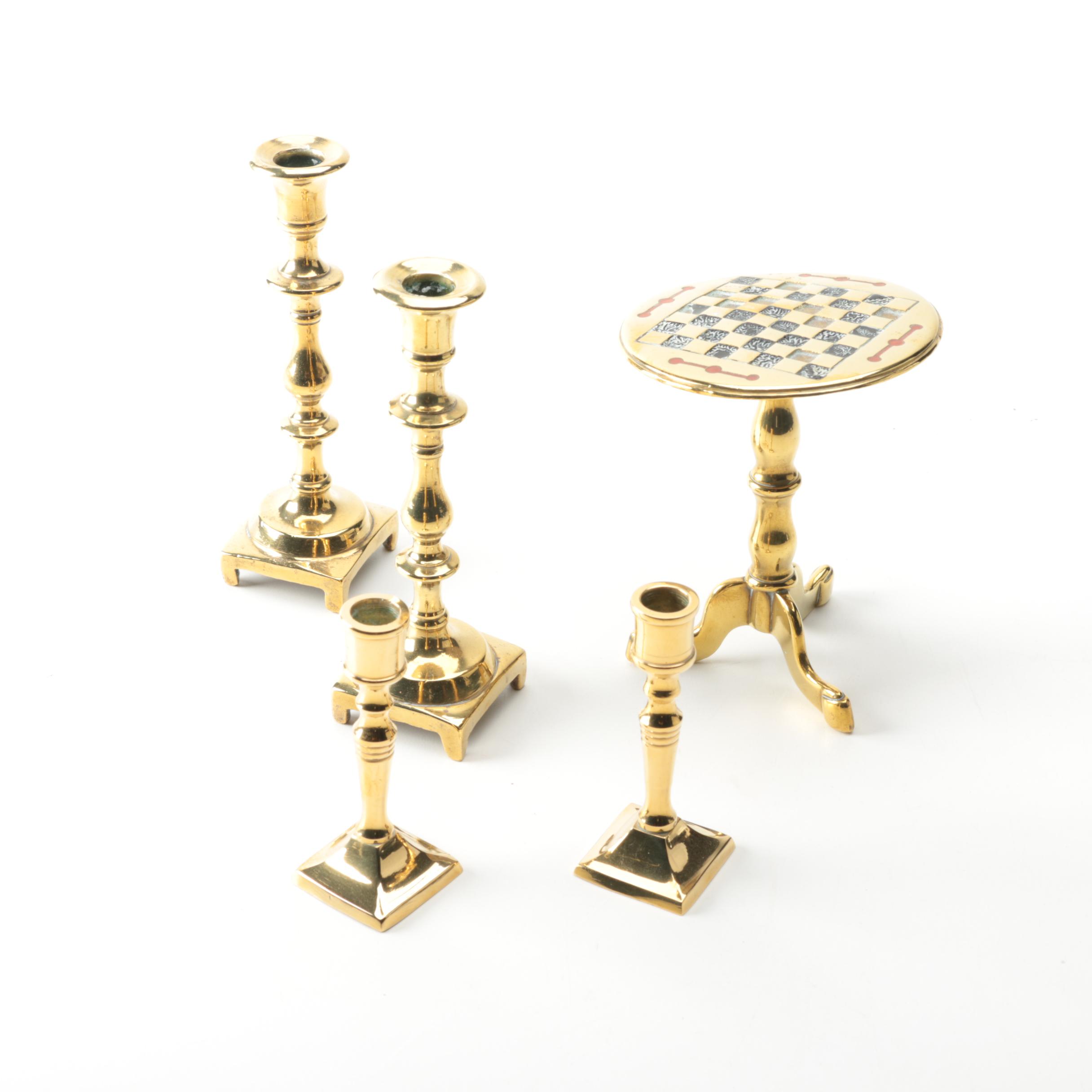 Brass Candlesticks and Chessboard Stool