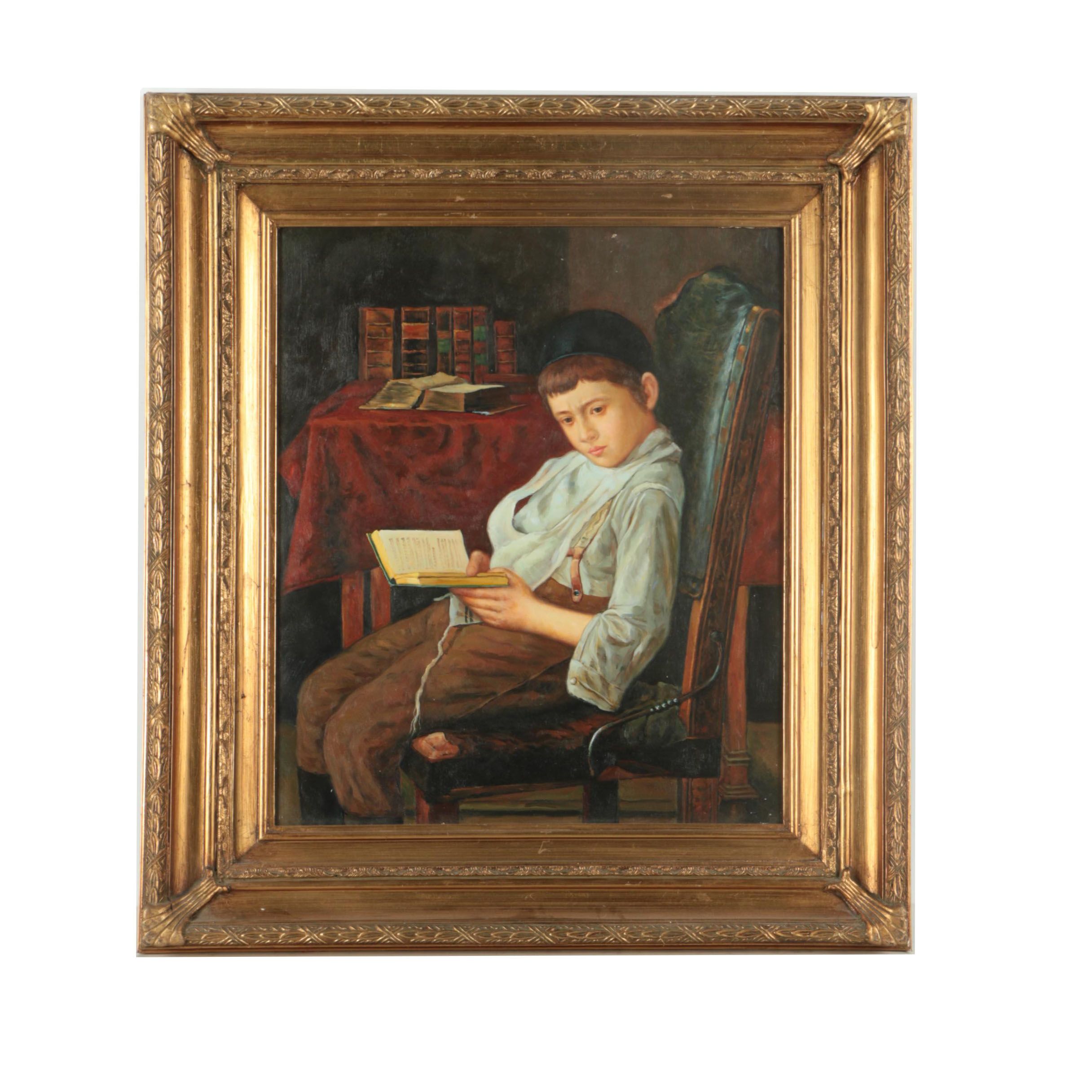 Oil Painting on Canvas of Yeshiva Student Reading from a Siddur