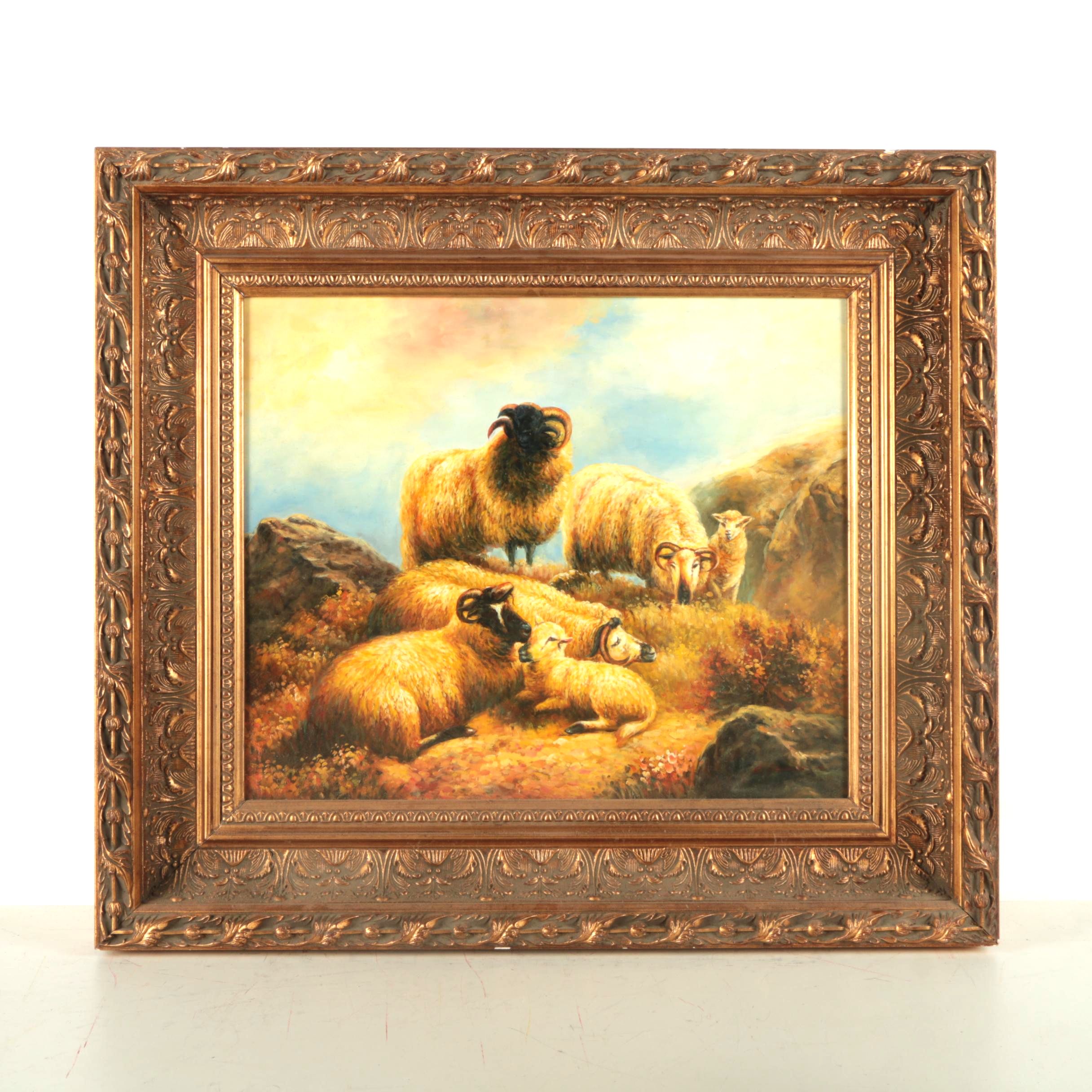 O. Lamer Oil Painting on Canvas of Grazing Highland Sheep