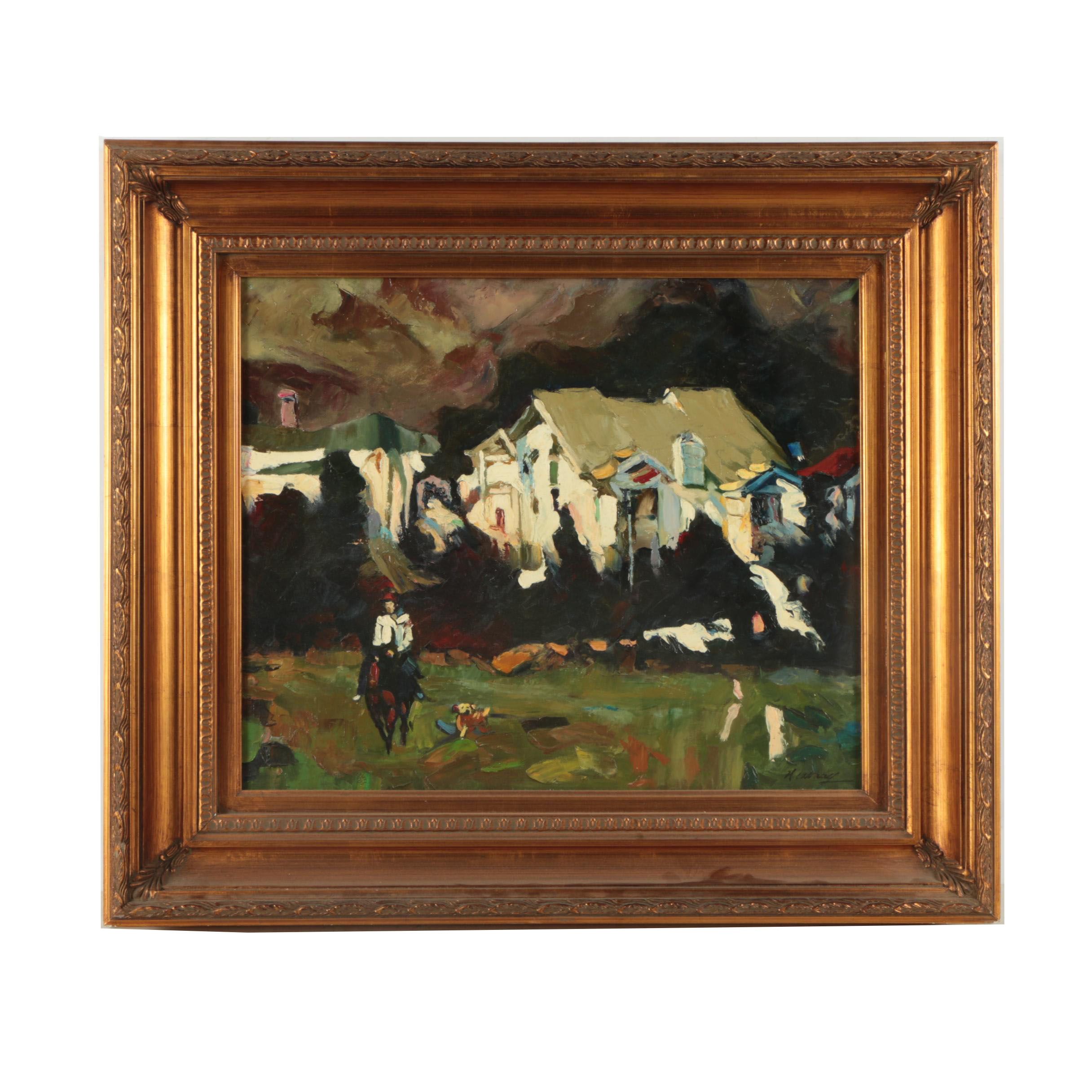 Oil Painting on Canvas "Rider Leaving Town"