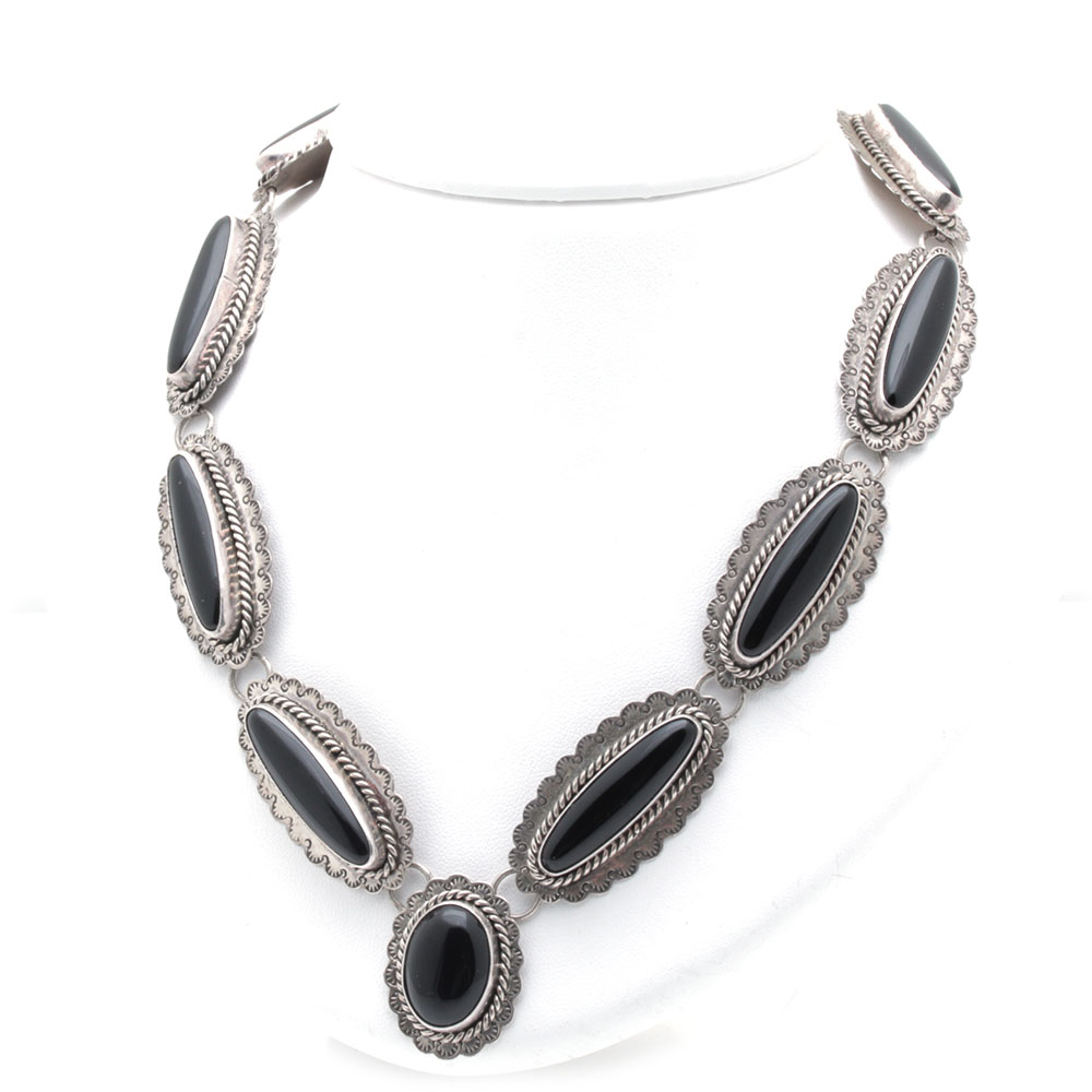 Sara Platero Navajo Diné Sterling Silver Black Onyx Concho Necklace