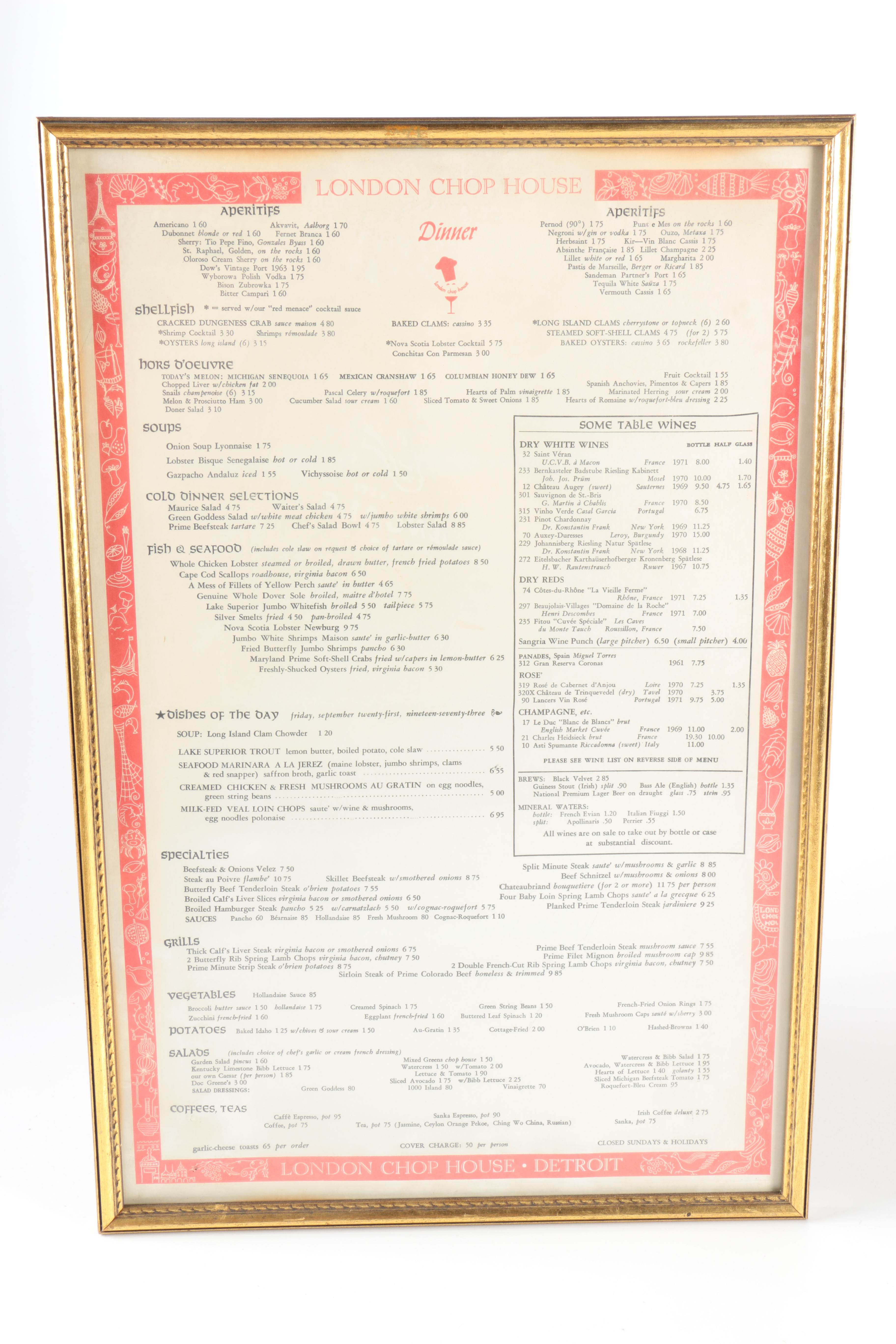Framed Restaurant Menus Including Restaurants of Rome and Copenhagen