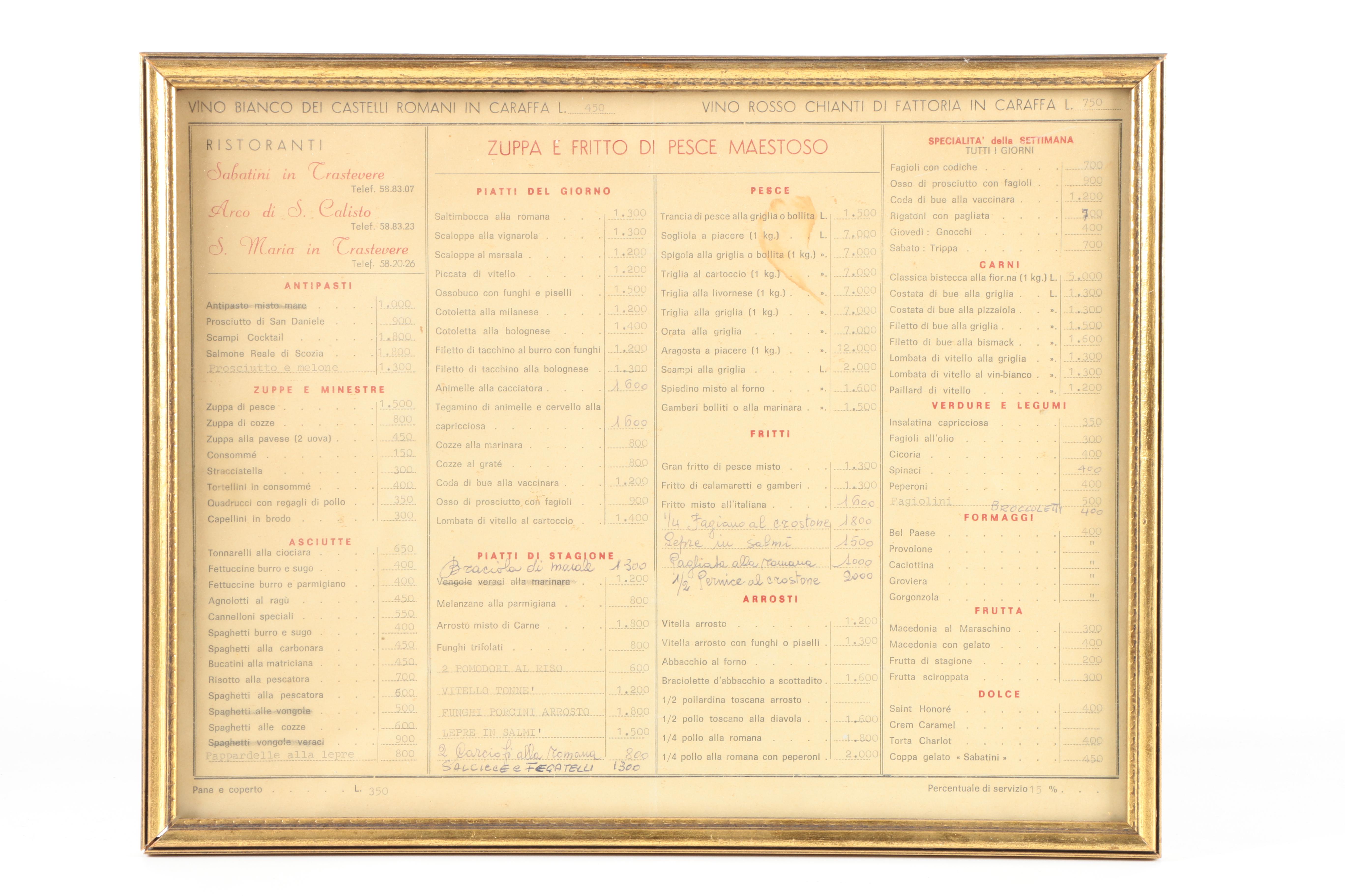 Framed Restaurant Menus Including Restaurants of Rome and Copenhagen