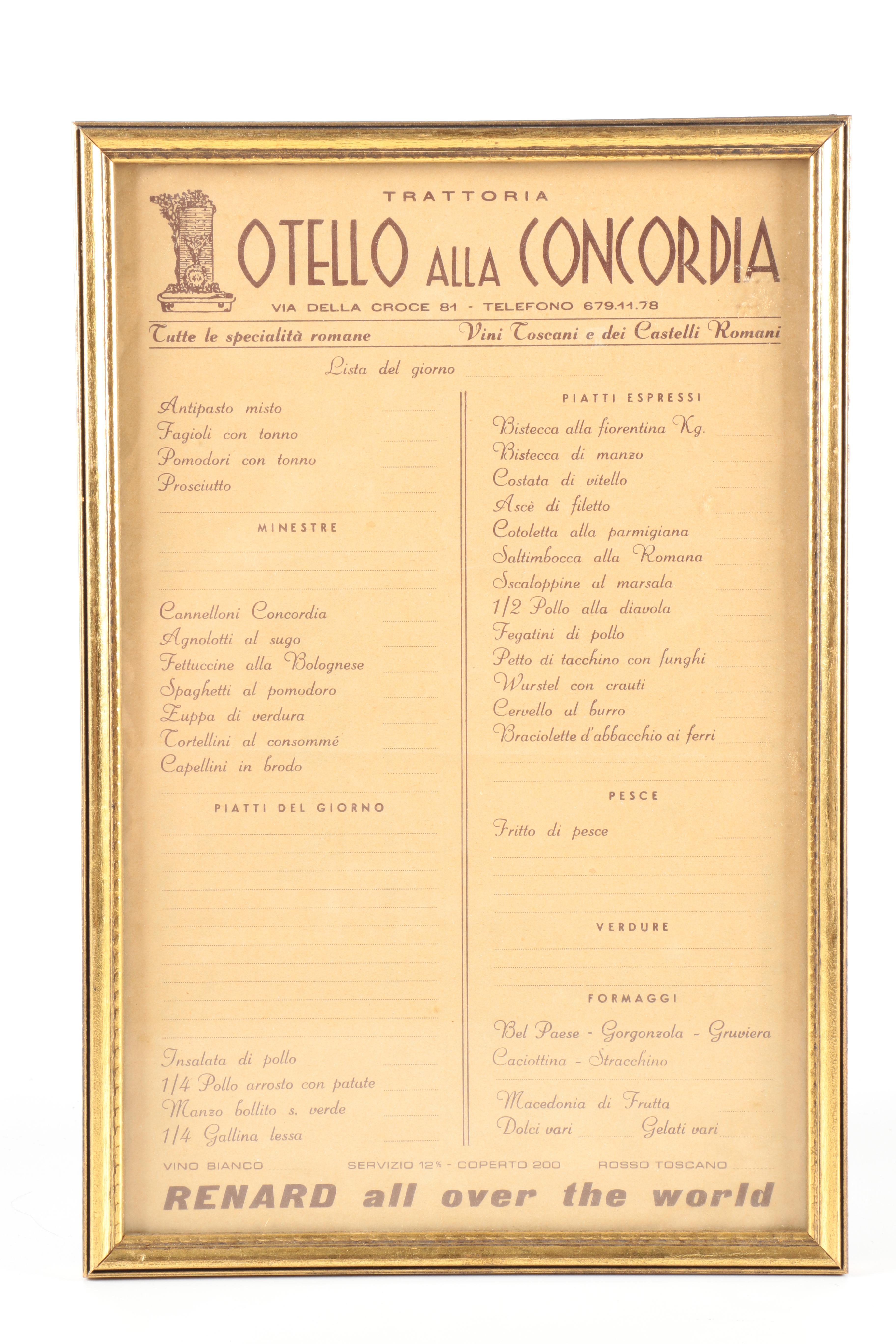 Framed Restaurant Menus Including Restaurants of Rome and Copenhagen