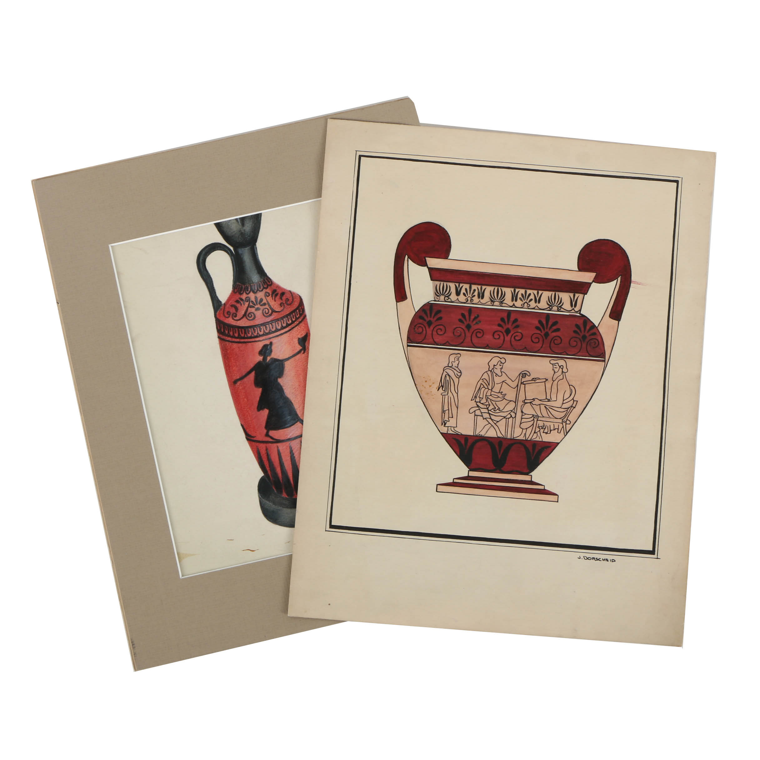 Pair of Ink and Pencil Drawings of Greek Style Vases