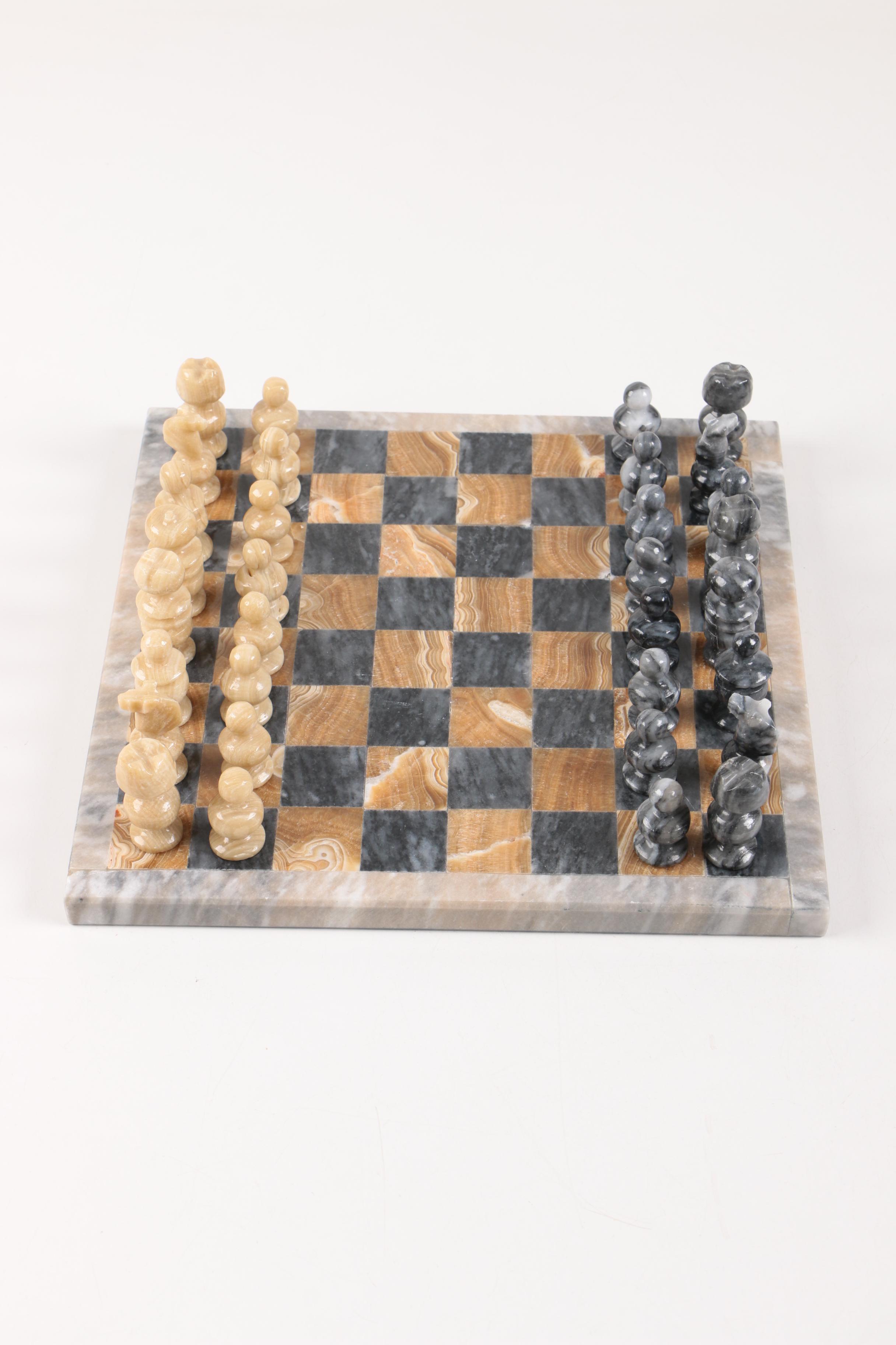 Marble and Calcite Chessboard and Pieces
