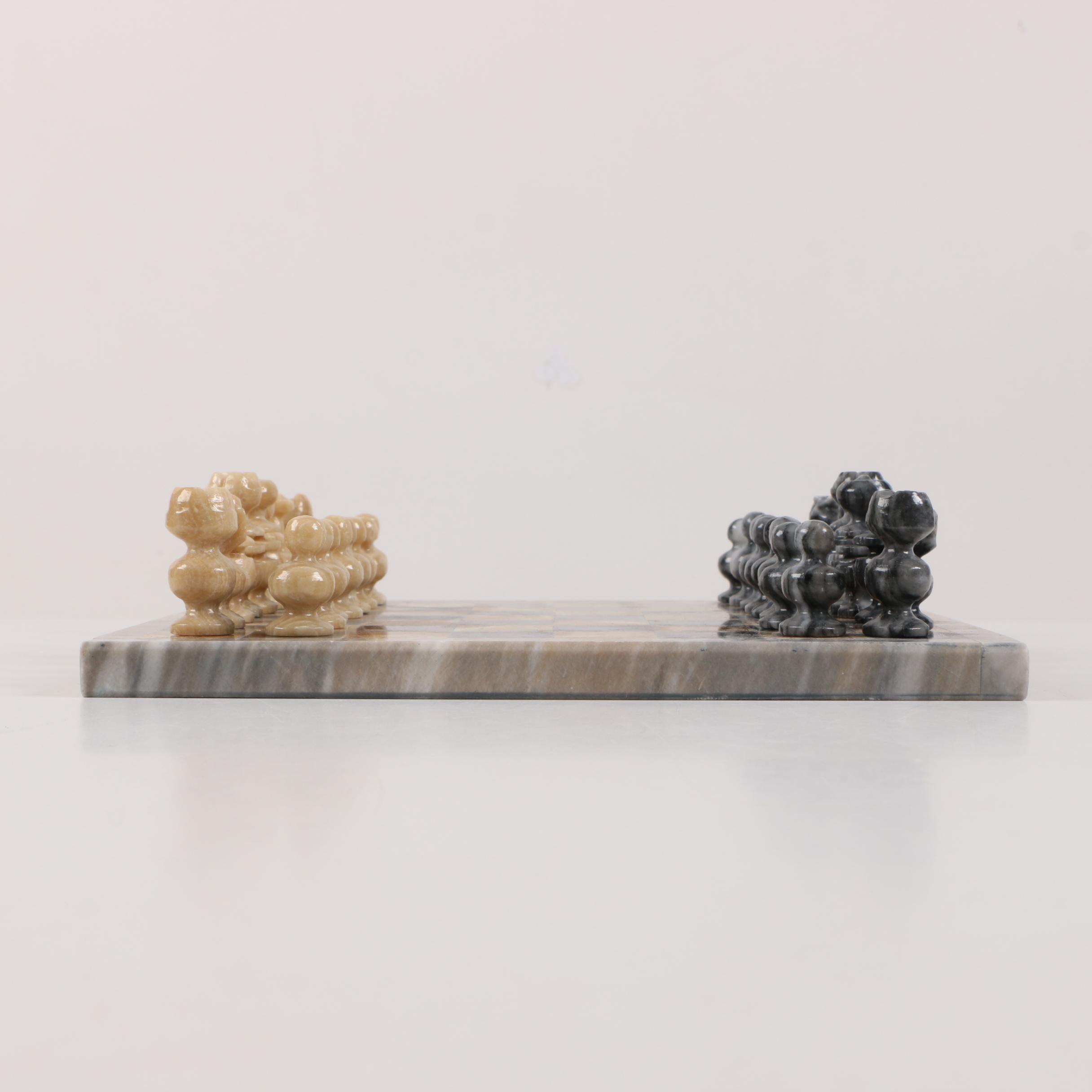 Marble and Calcite Chessboard and Pieces