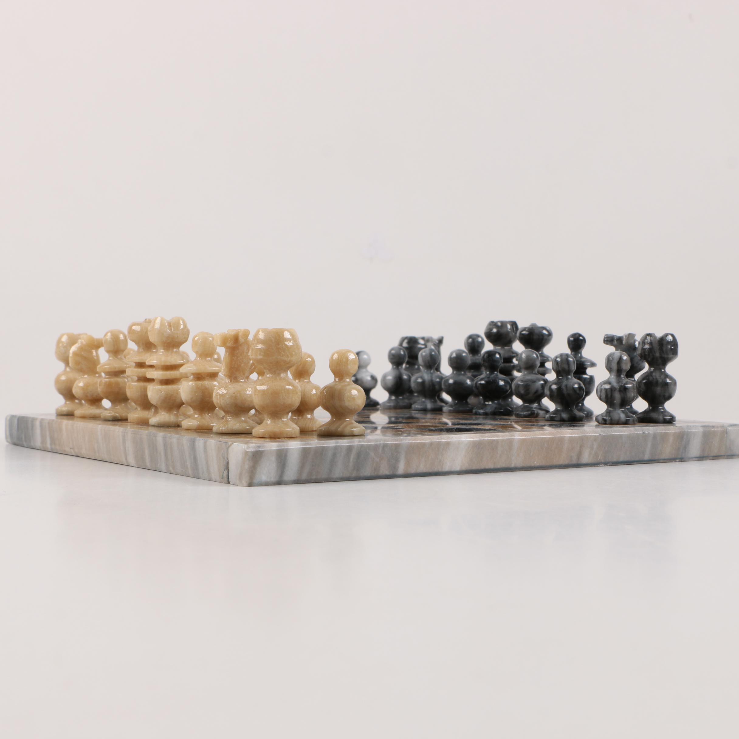 Marble and Calcite Chessboard and Pieces