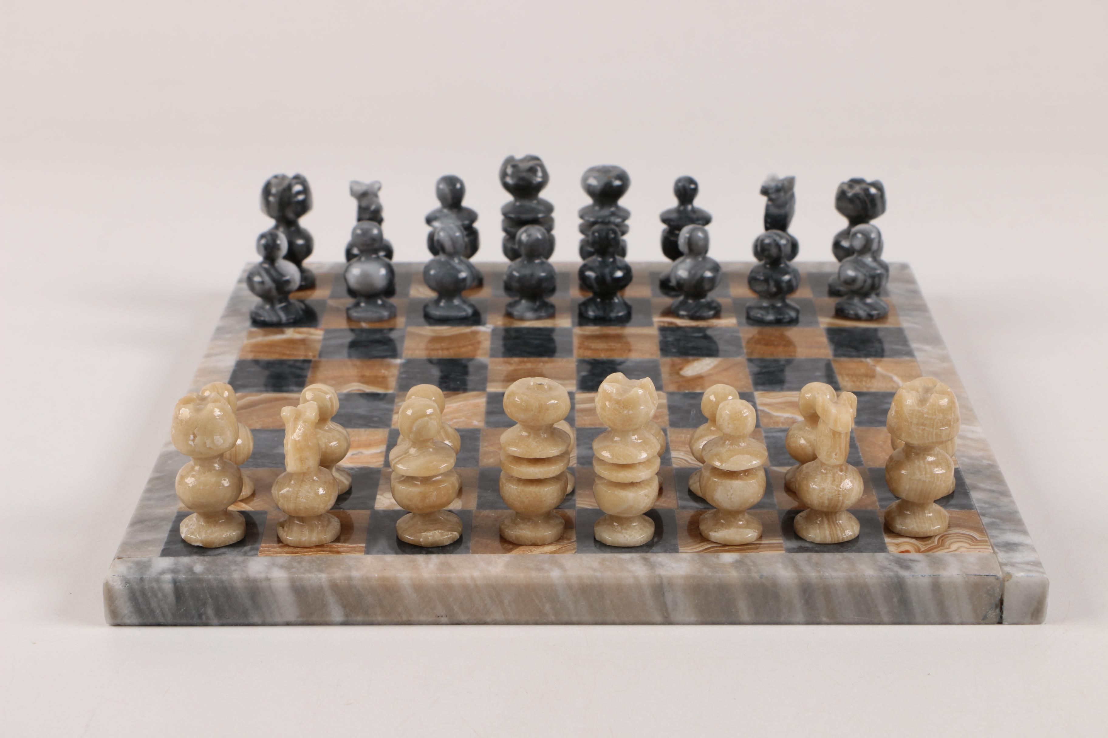 Marble and Calcite Chessboard and Pieces