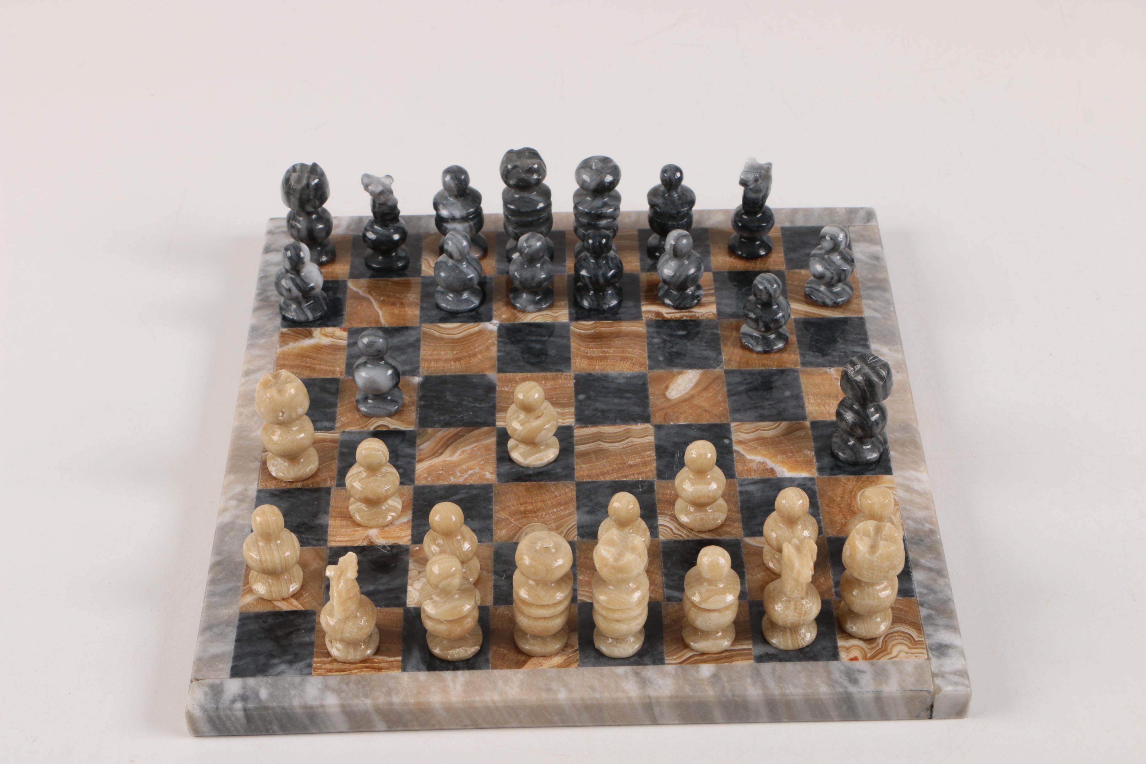 Marble and Calcite Chessboard and Pieces