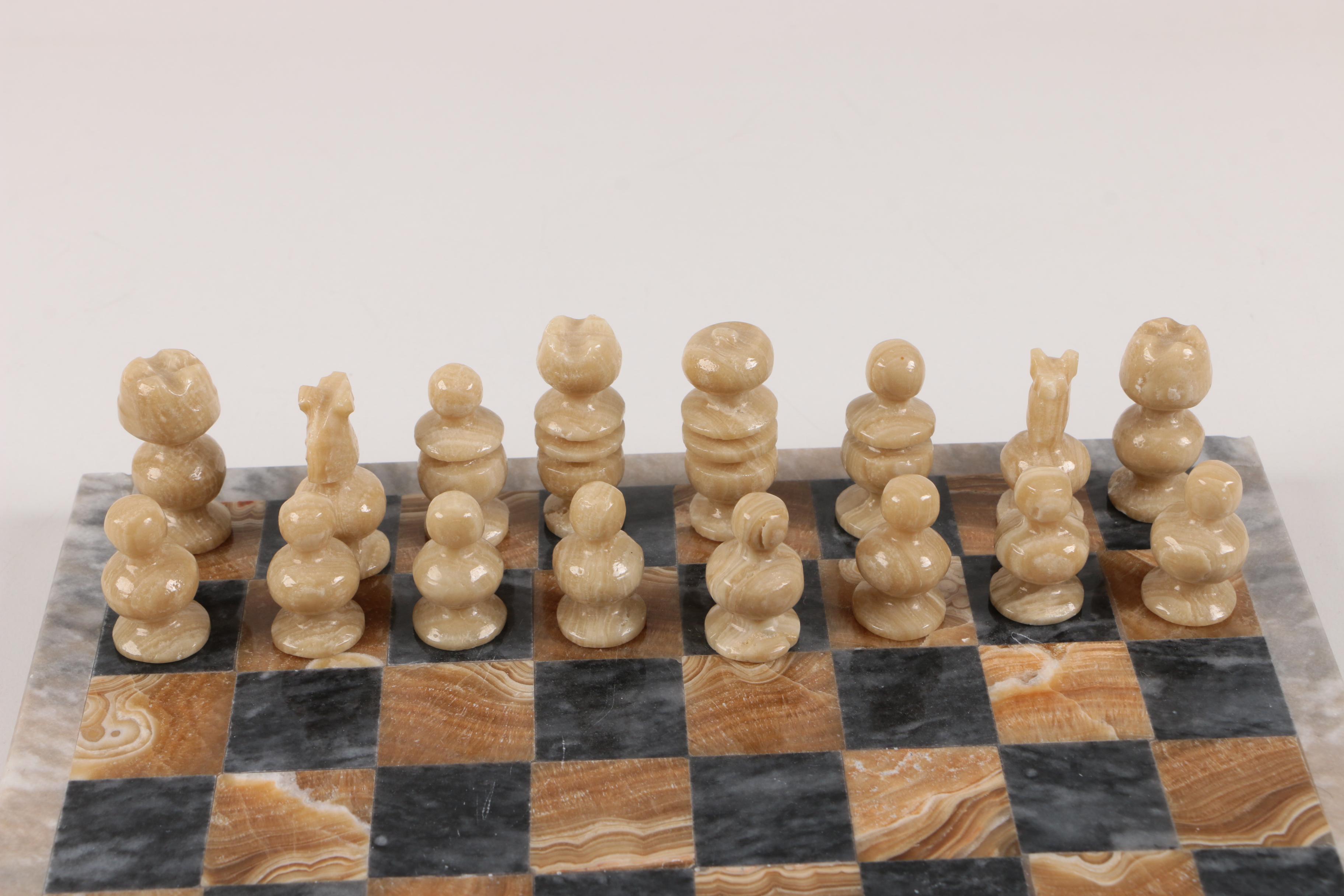 Marble and Calcite Chessboard and Pieces