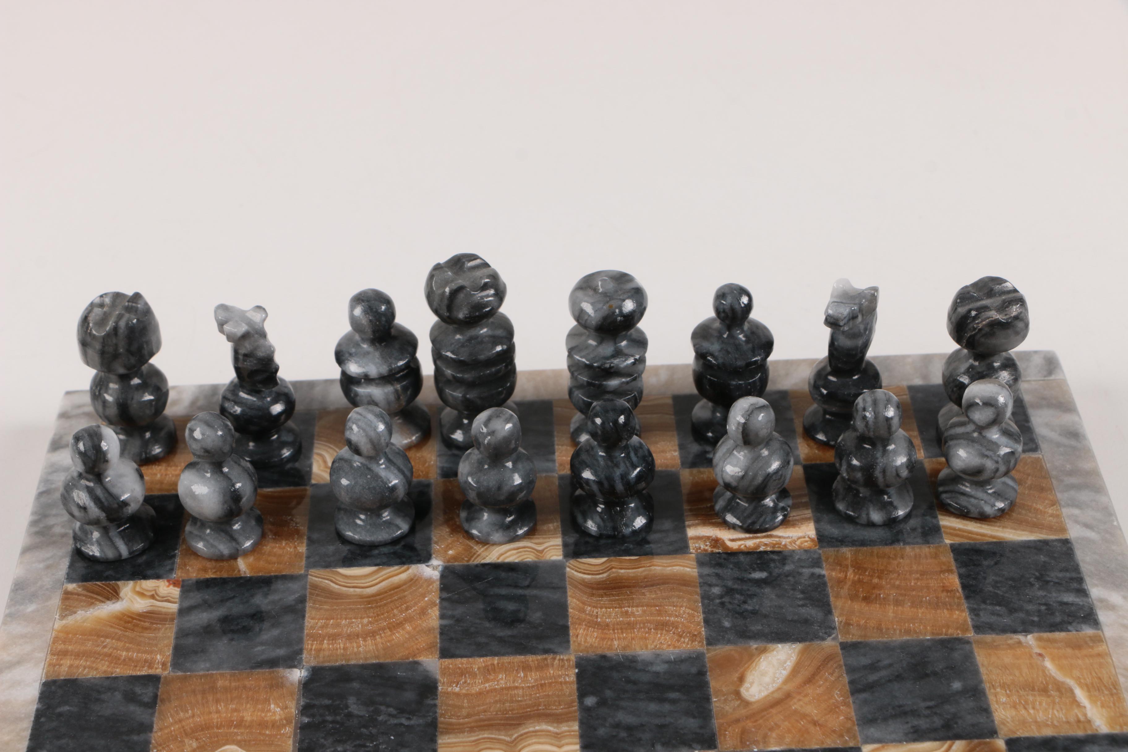 Marble and Calcite Chessboard and Pieces