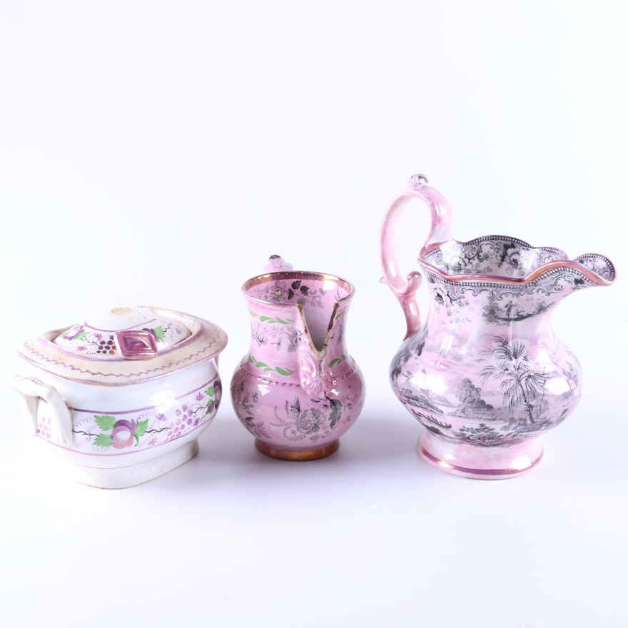 Antique Pink Porcelain and Ceramic Tableware Including Lustre
