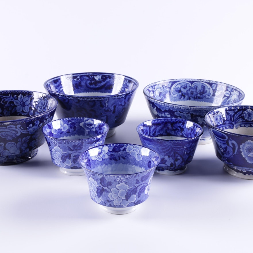 Selection of Antique English Blue Transferware Ceramic Bowls