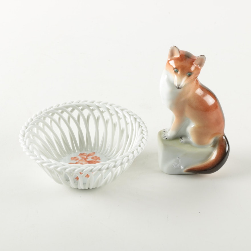 Herend Hand-Painted Porcelain Fox Figurine and White Basket