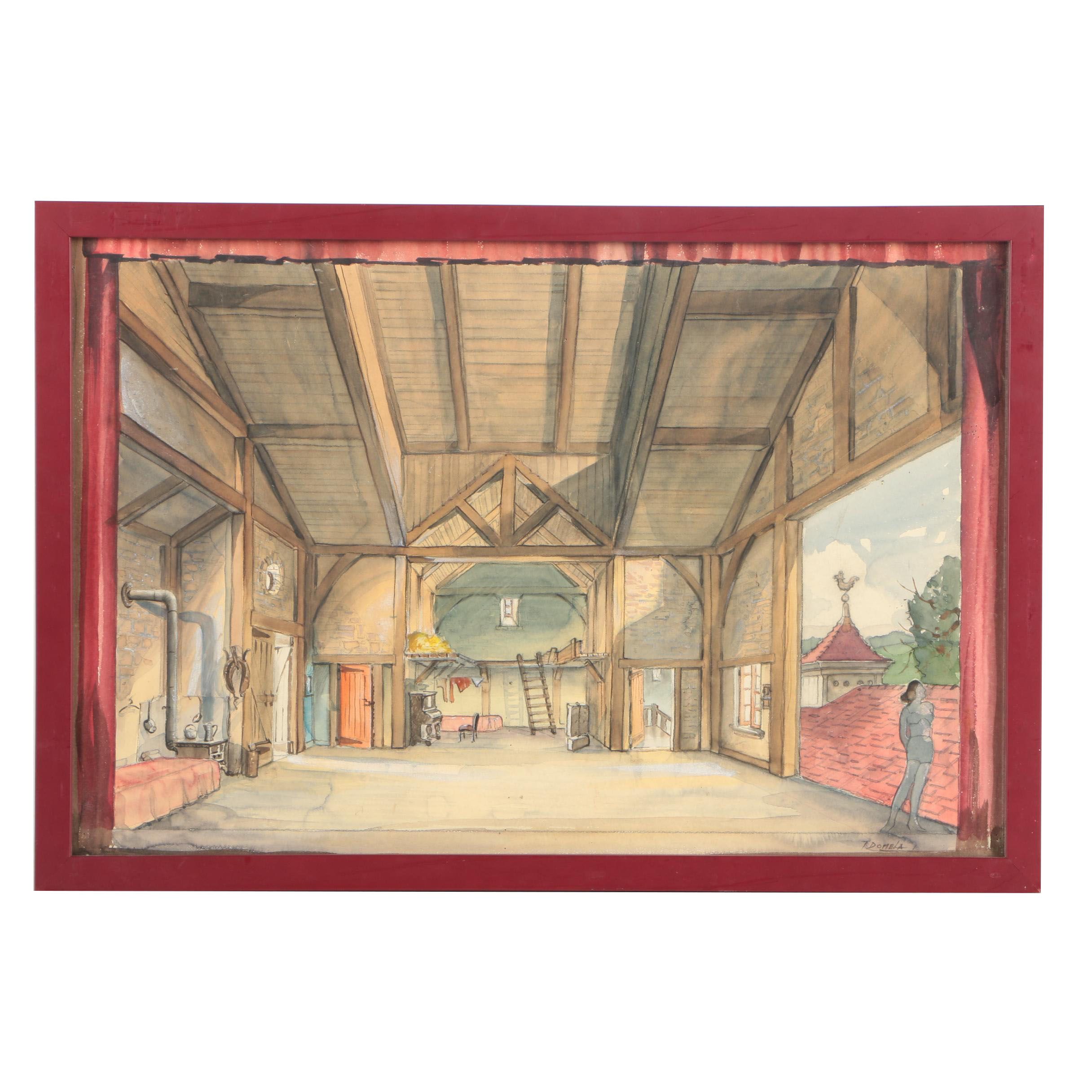 T. Domela Charcoal and Watercolor Illustration of a Stage Set