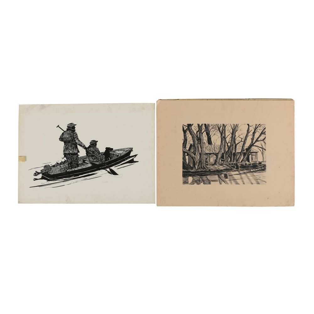 Pair of William P. Suitor Ink Drawings on Paper Board