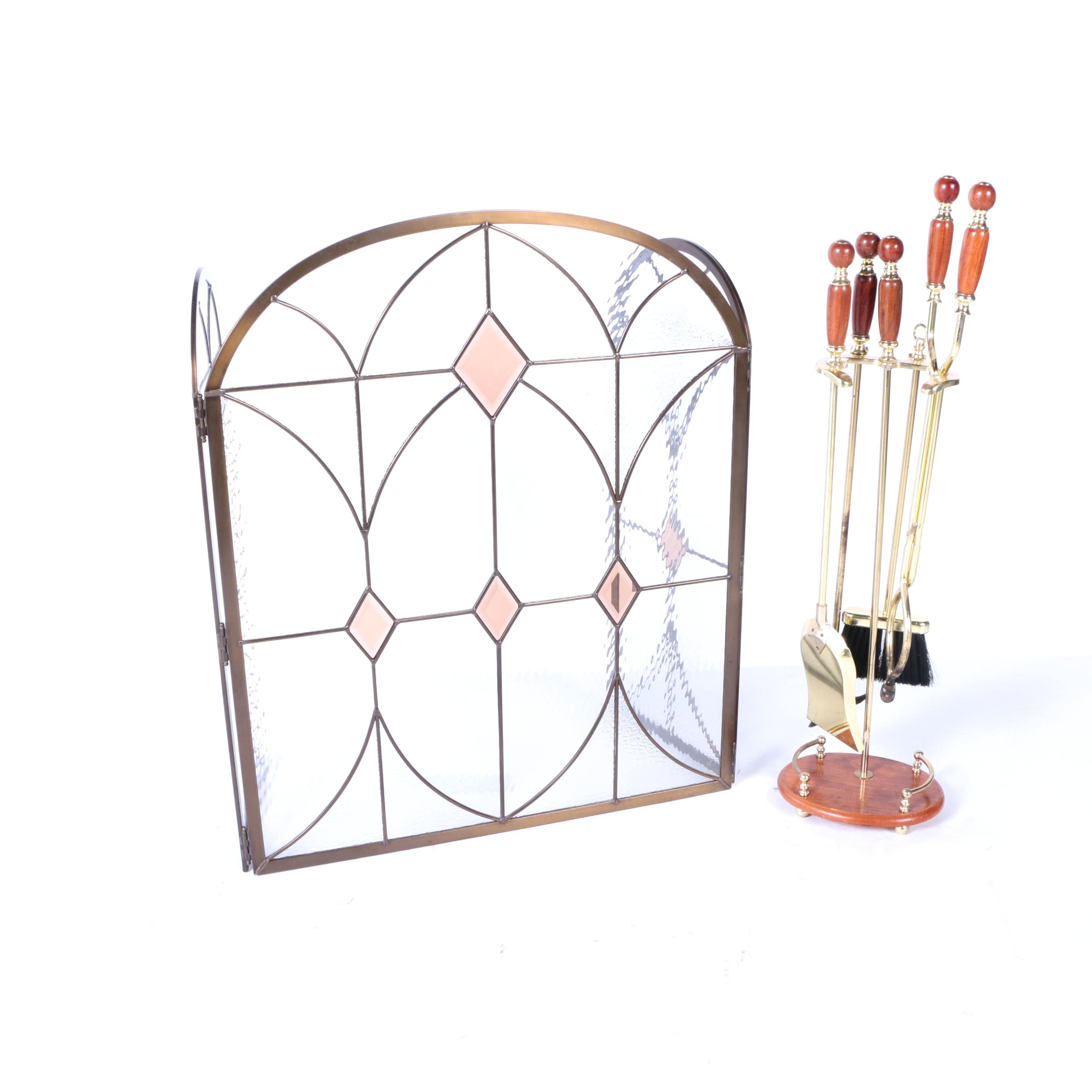 Stained Glass Fireplace Screen and Tools