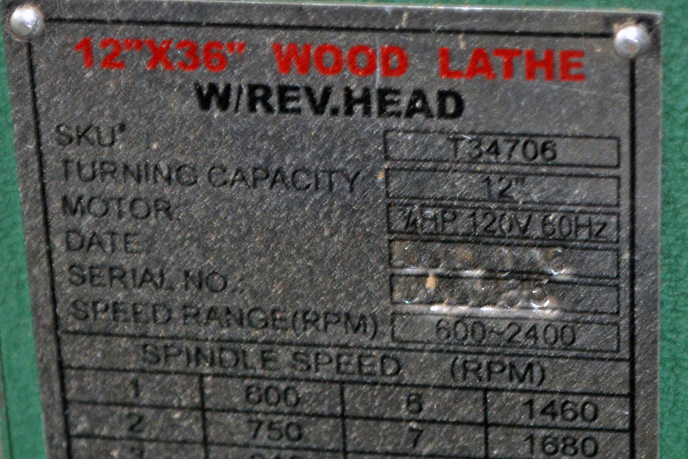 Central Machinery 12"X36" Wood Lathe